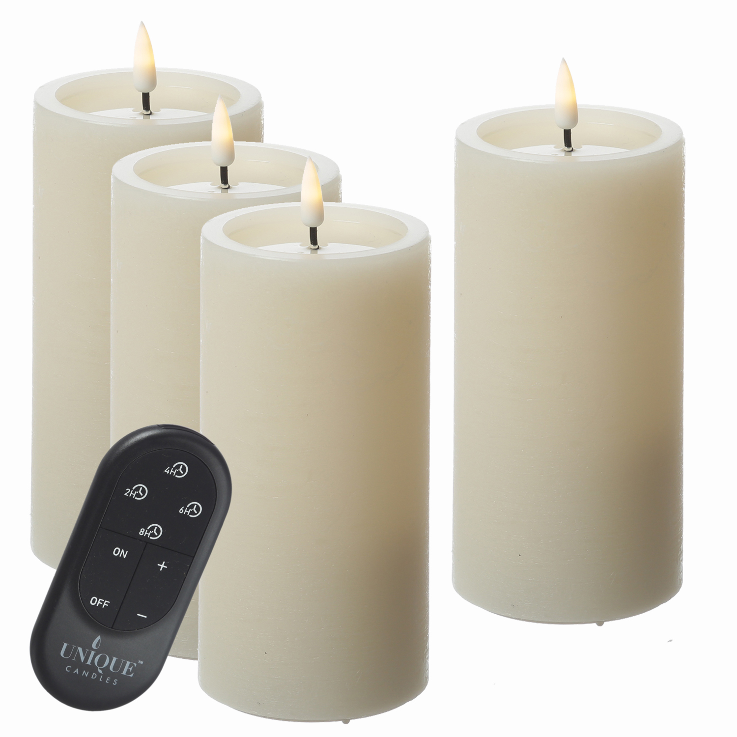 LED Kerzenset UNIQUE - Rustik-Optik - H: 15cm - mit Batterien und Fernbedienung - creme - 4er Set