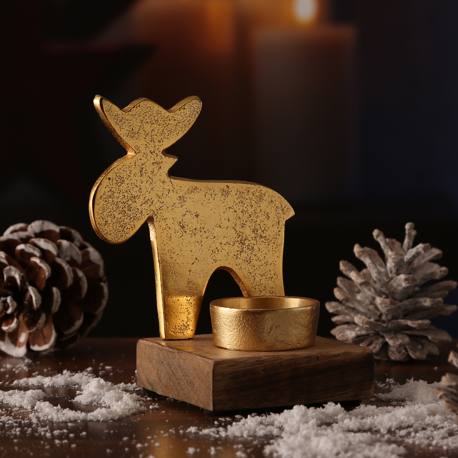 Teelichthalter HIRSCH - Aluminium - Mangoholzsockel - H: 12,1cm - natur, gold Teelichthalter HIRSCH - Aluminium - Mangoholzsockel - H: 12,1cm - natur, gold