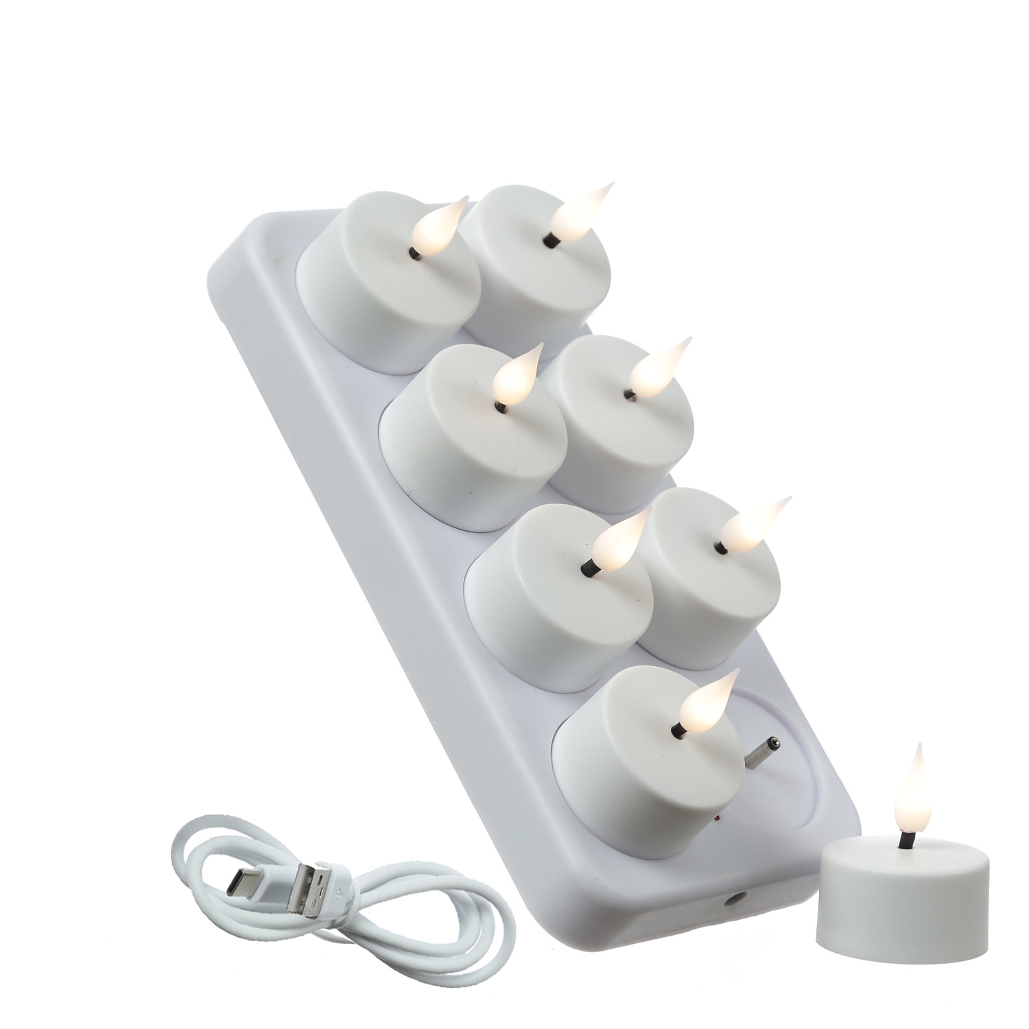 LED Teelichter - 8 wiederaufladbare LED Teelichter mit Ladestation - D: 4cm - flackernd - weiß