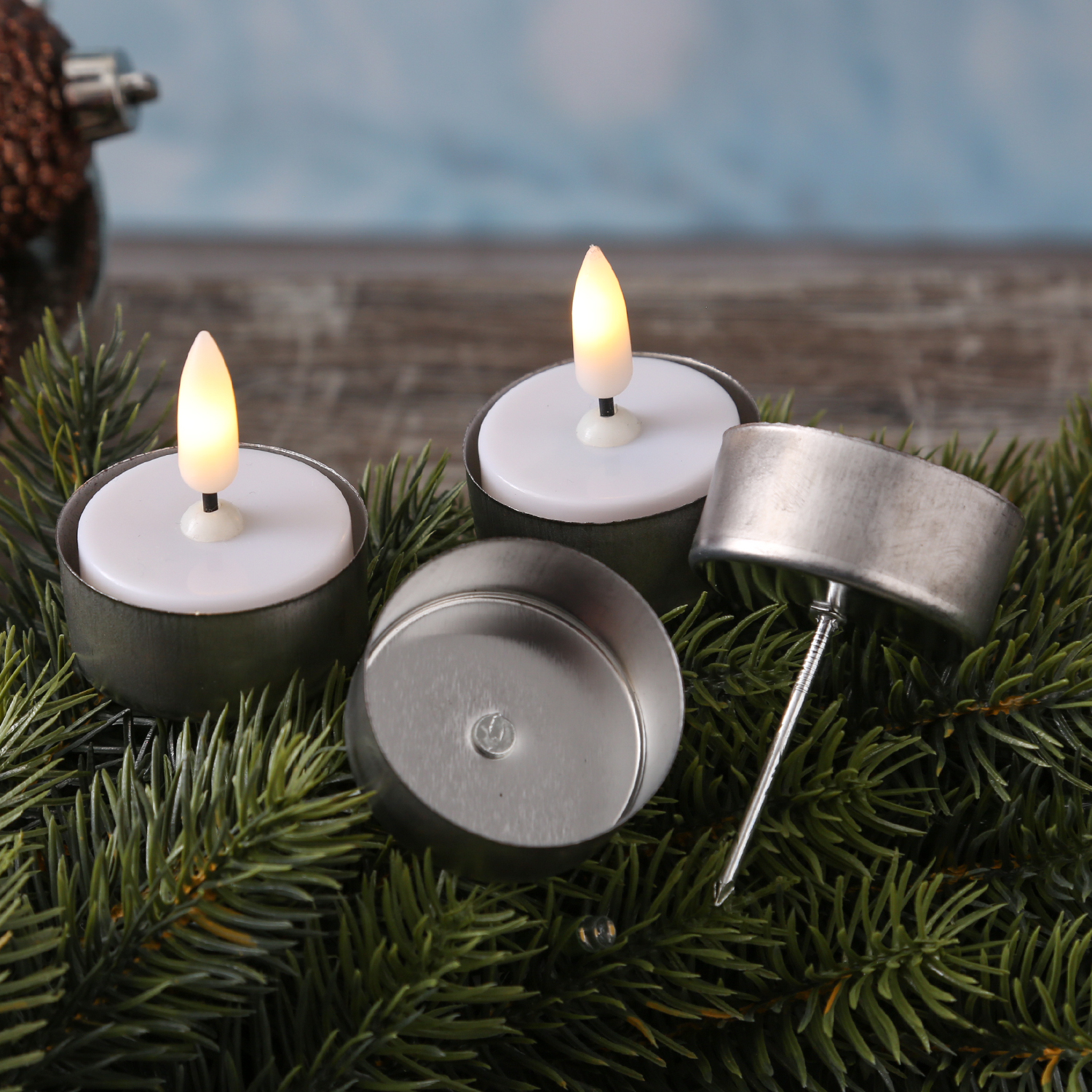 Adventskranzstecker ohne Dorn - Teelichthalter - Metall - H: 7,5cm - D: 4cm - silber - 4er Set