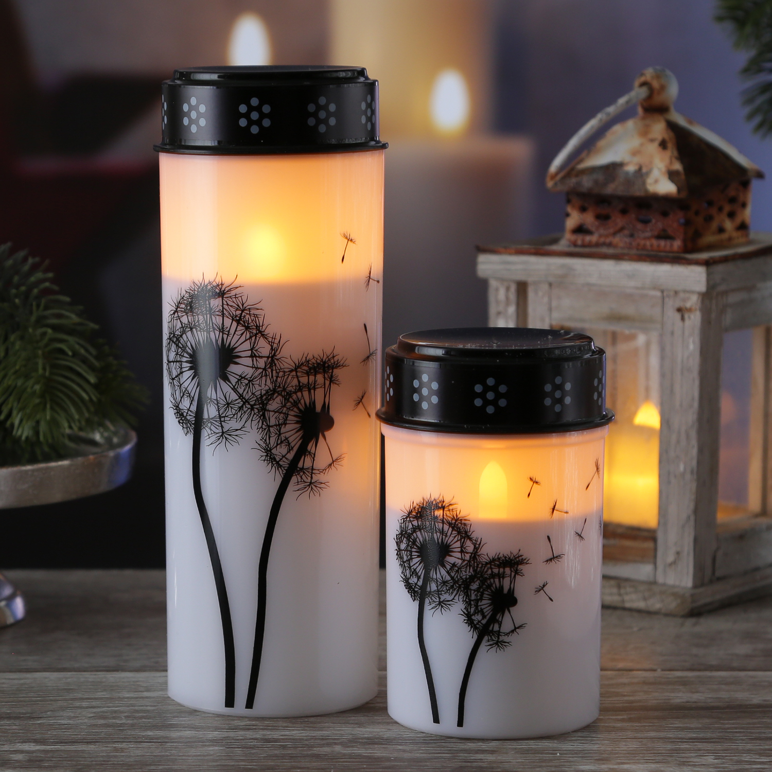 LED Grablicht/Grabkerze Pusteblume - bis 2500 Stunden - H: 12cm, D: 7cm - Timer - weiß/schwarz