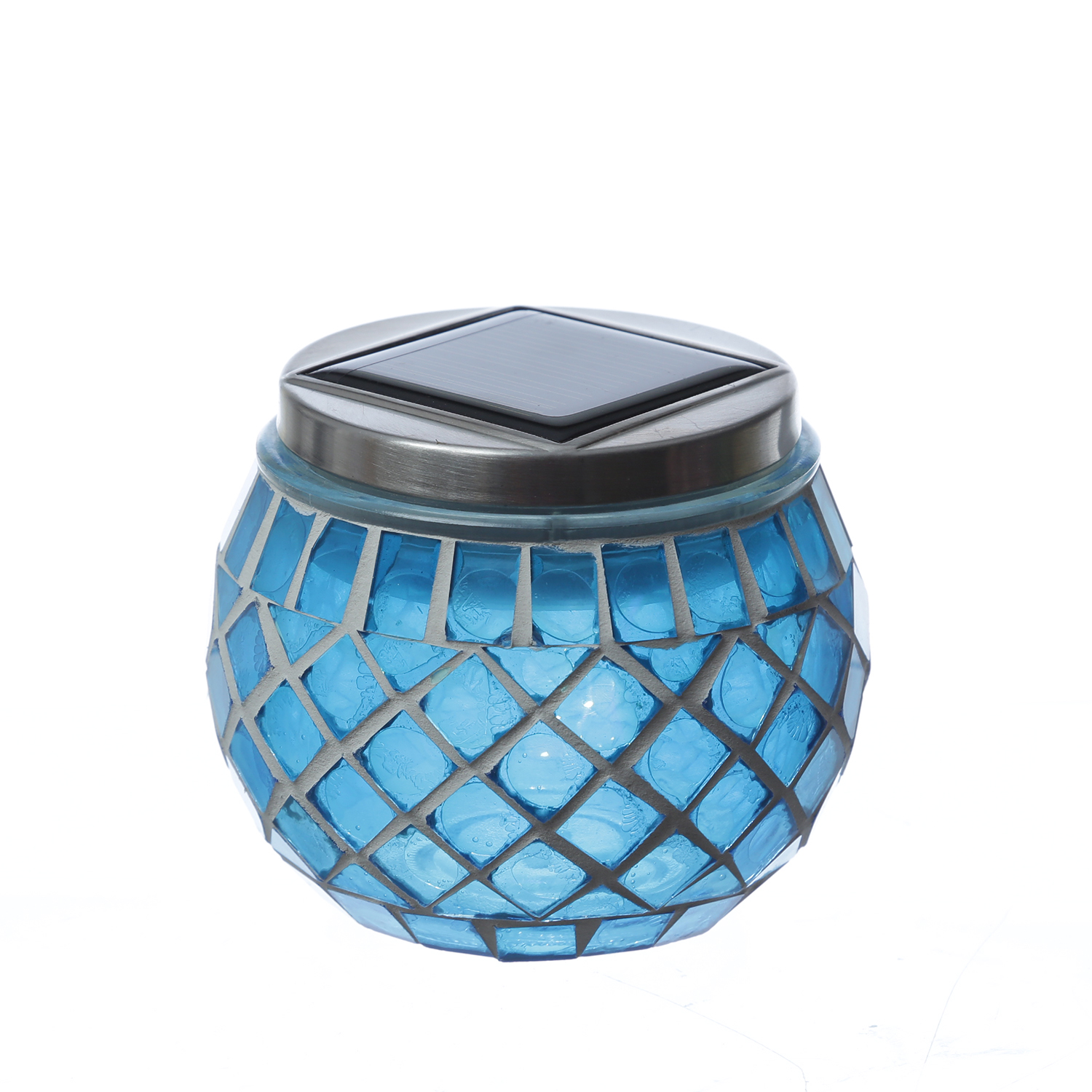 LED Solar Windlicht - Mosaik Solarglas - kaltweiße LED - Lichtsensor - H: 9cm - für Außen - blau