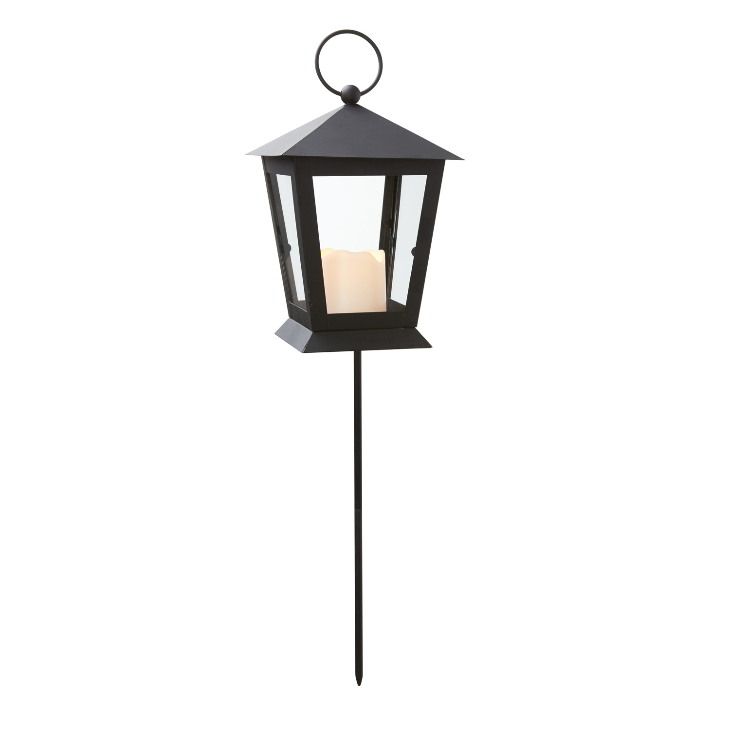 LED Laterne/Grablicht mit Kerze - gelbe LED - Erdspieß - H: 40cm - Timer - schwarz