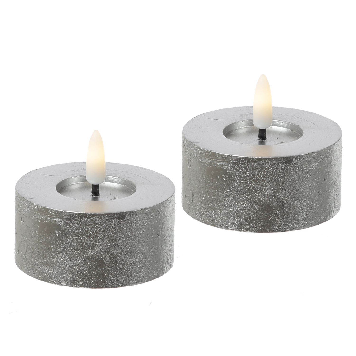 LED Maxi Teelichter LINA - Rustik-Optik - Echtwachs - Timer - D: 7cm - H: 6cm - silber - 2 Stück
