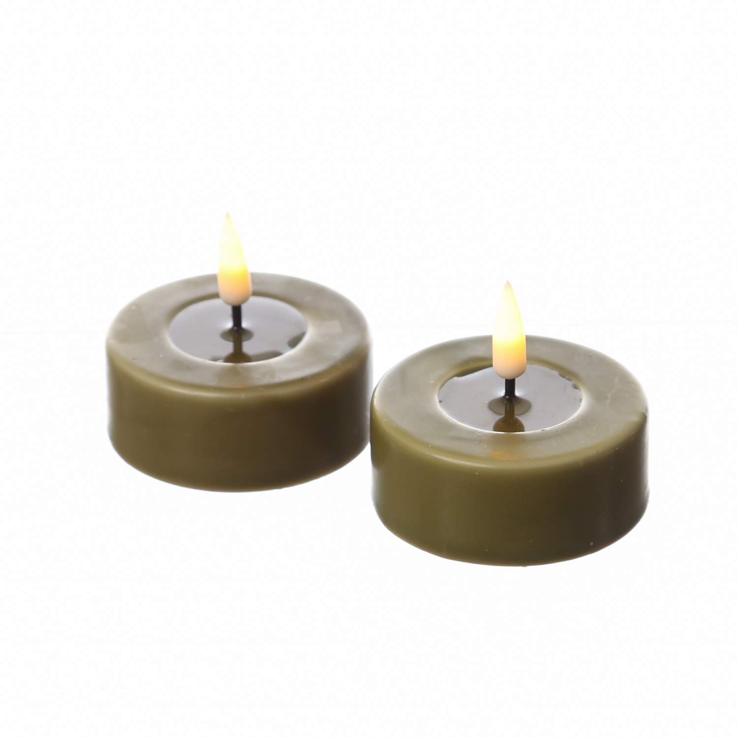LED Teelichter MIA - Kunststoff - realistische 3D Flamme - D: 6,1cm - olivgrün - 2 Stk. LED Teelichter MIA - Kunststoff - realistische 3D Flamme - D: 6,1cm - olivgrün - 2 Stk.
