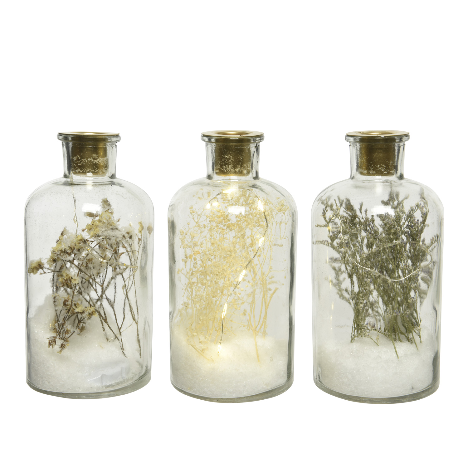 LED Dekoglas Trockenblumen im Schnee - Stabkerzenhalter - 10 warmweiße LED - H: 16cm - Timer LED Dekoglas Trockenblumen im Schnee - Stabkerzenhalter - 10 warmweiße LED - H: 16cm - Timer