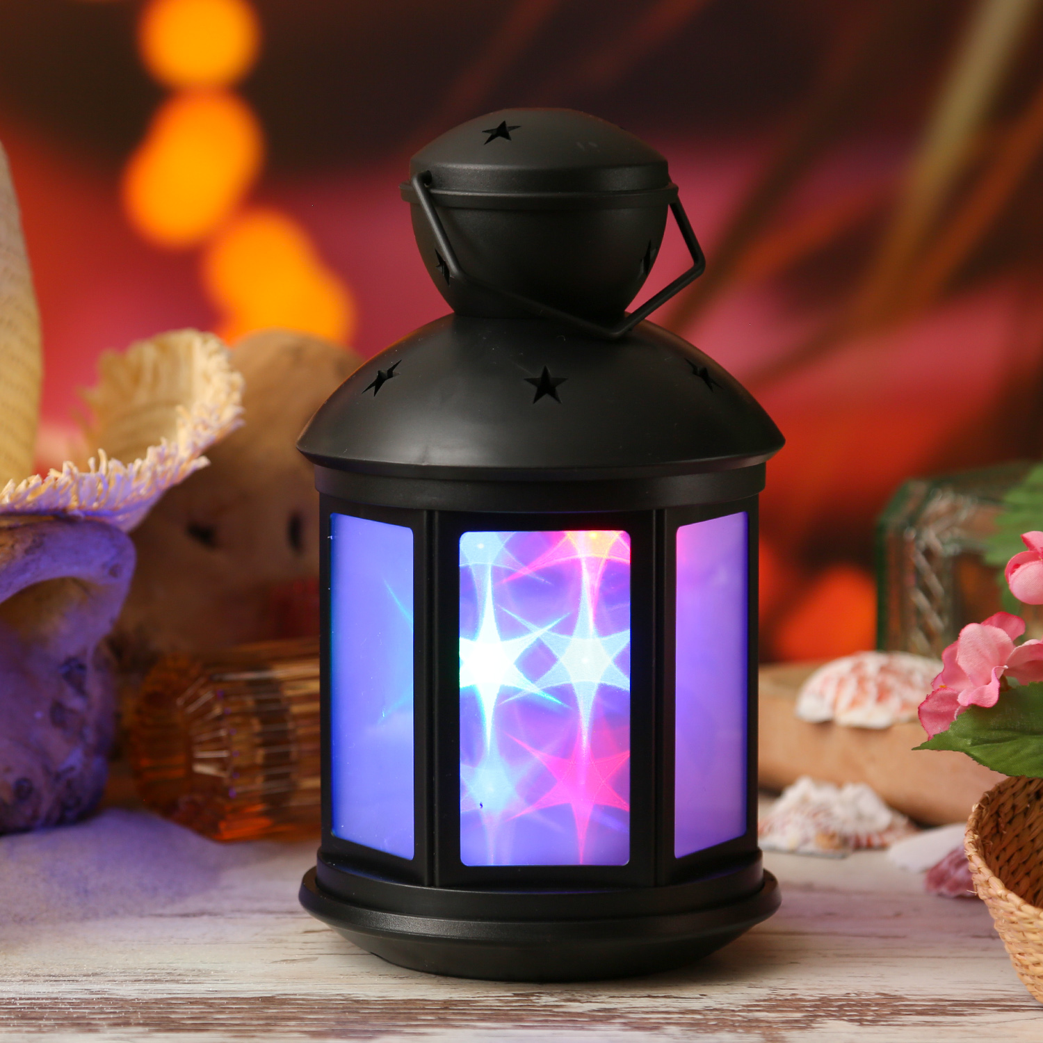 LED Laterne - farbiges bewegtes Sternenmuster - H: 22cm - Batteriebetrieb - schwarz LED Laterne - farbiges bewegtes Sternenmuster - H: 22cm - Batteriebetrieb - schwarz