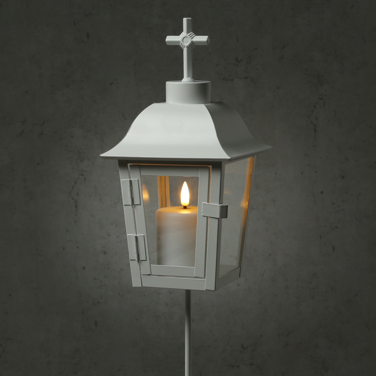 Grablaterne mit Mini LED Kerze - Grablampe mit 2 wechselbaren Spitzen/Erdspieß - H: 51cm - weiß