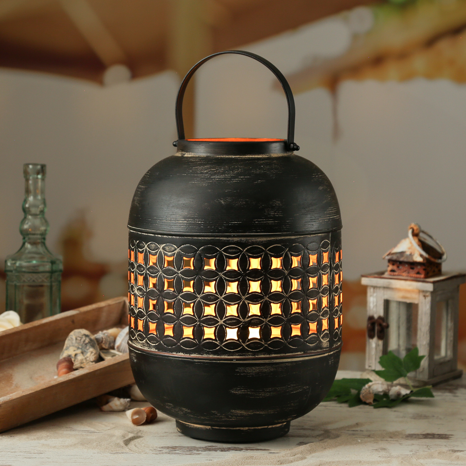 Laterne - Windlicht mit Henkel - Metall - H: 31cm - schwarz, kupfer Laterne - Windlicht mit Henkel - Metall - H: 31cm - schwarz, kupfer