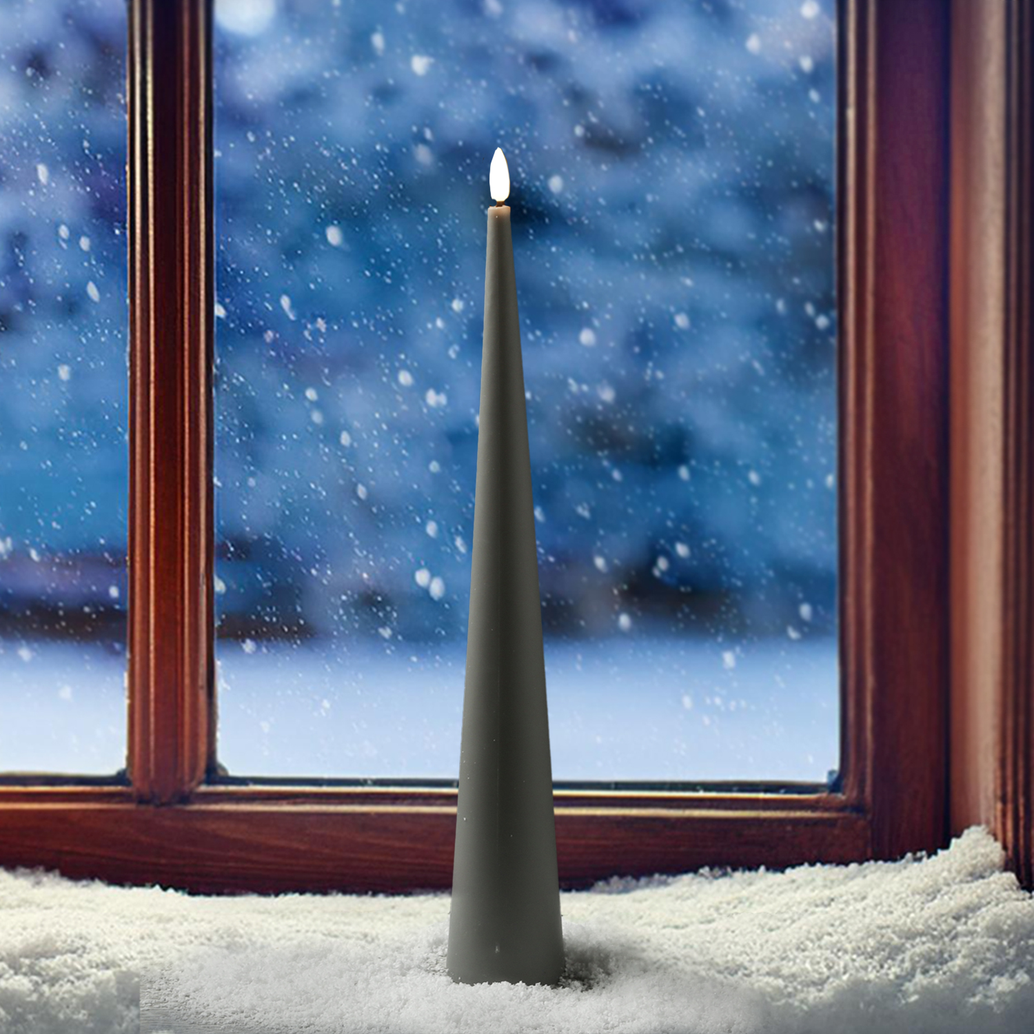 LED Kegelkerze - Kunststoff - realistische 3D Flamme - H: 35cm - Timer - für Außen - grau LED Kegelkerze - Kunststoff - realistische 3D Flamme - H: 35cm - Timer - für Außen - grau