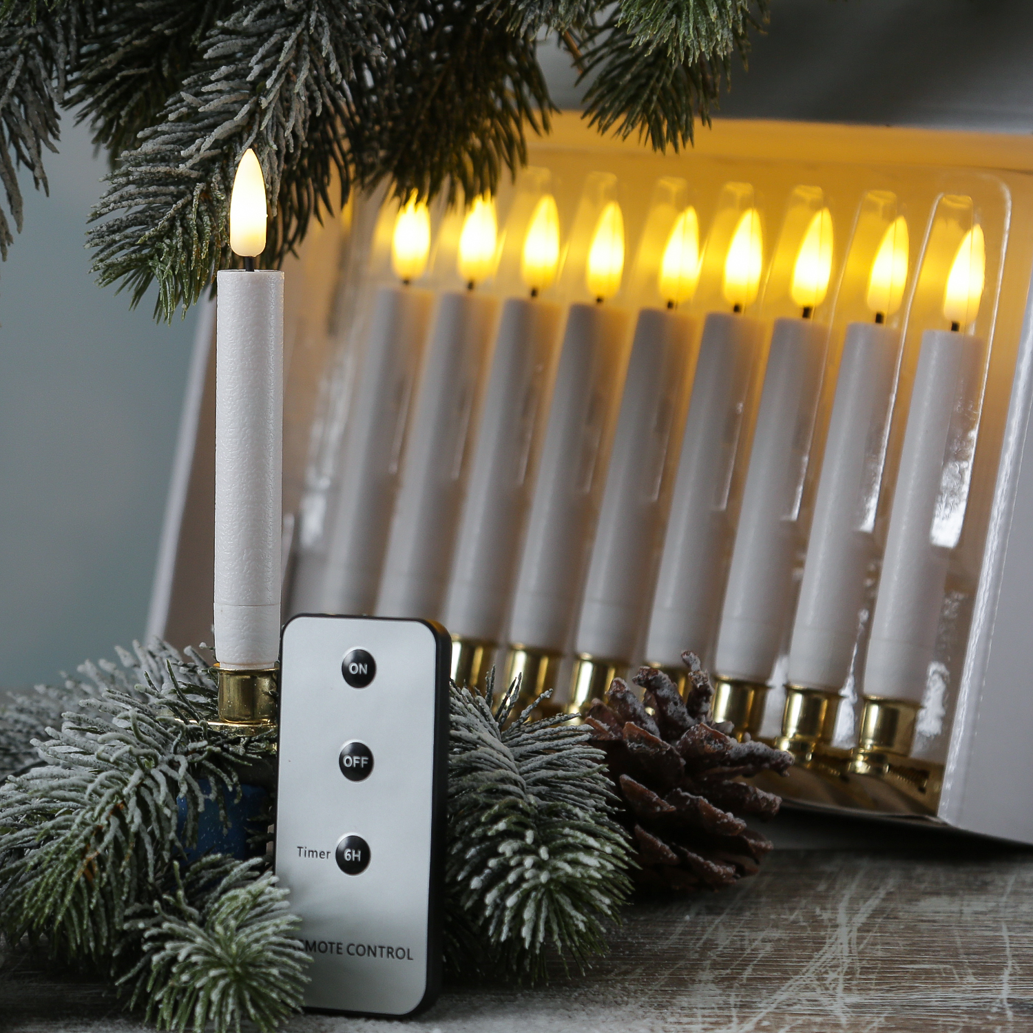 LED Baumkerzen mit Clip - 10 bernstein LED - kabellos - Fernbedienung - Timer - für Innen