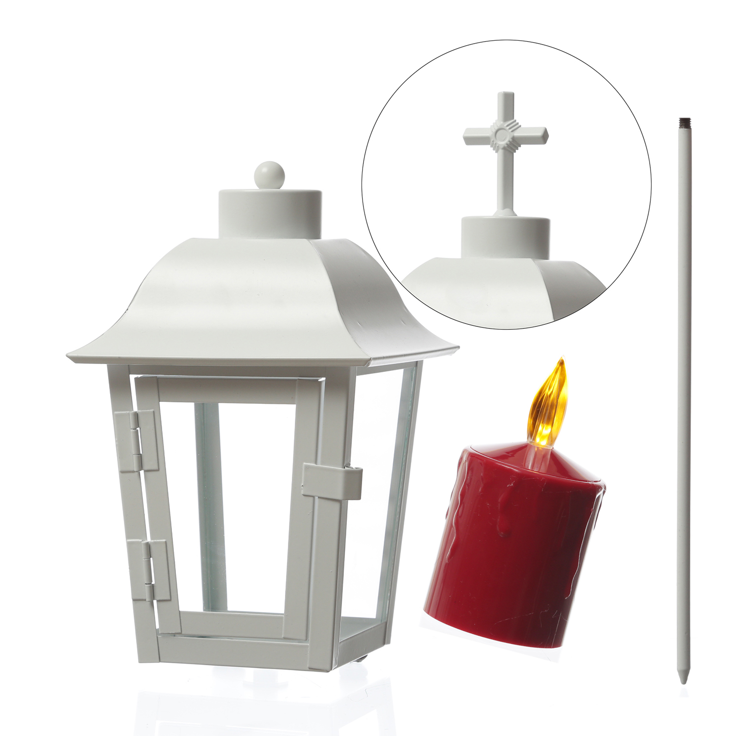 Grablaterne mit roter LED Kerze - Grablampe mit 2 wechselbaren Spitzen/Erdspieß - H: 51cm - weiß
