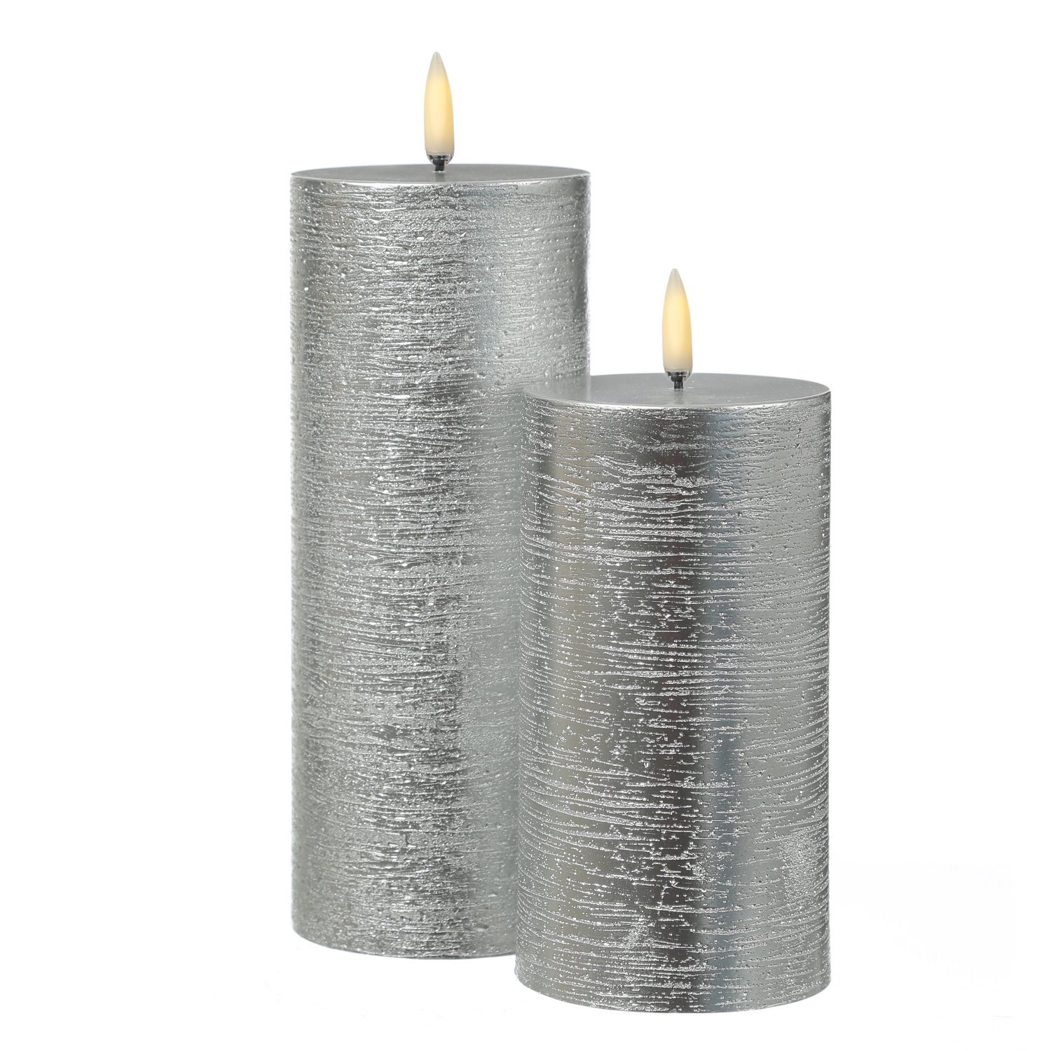 LED Kerze PIA - Rustik-Optik - Echtwachs - H: 15cm - D: 7,8cm - Timer - bis zu 1000 Std. - silber LED Kerze PIA - Rustik-Optik - Echtwachs - H: 15cm - D: 7,8cm - Timer - bis zu 1000 Std. - silber