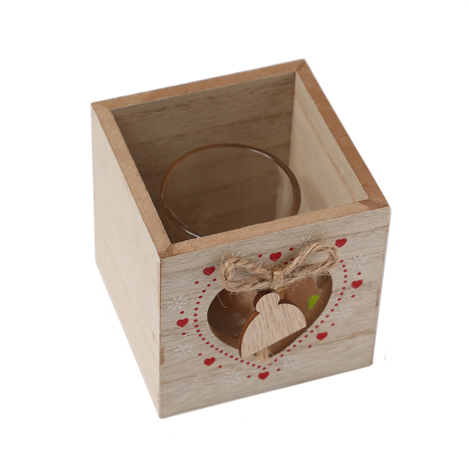 Teelichthalter MÜTZE IM HERZ - Windlicht - Holz - mit Glaseinsatz - H: 9cm - natur, rot Teelichthalter MÜTZE IM HERZ - Windlicht - Holz - mit Glaseinsatz - H: 9cm - natur, rot