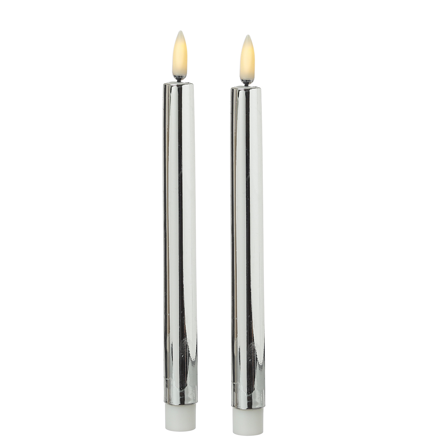 LED Stabkerzen - mit Lack - flackernd - H: 25cm - Timer - silber glänzend - 2er Set LED Stabkerzen - mit Lack - flackernd - H: 25cm - Timer - silber glänzend - 2er Set