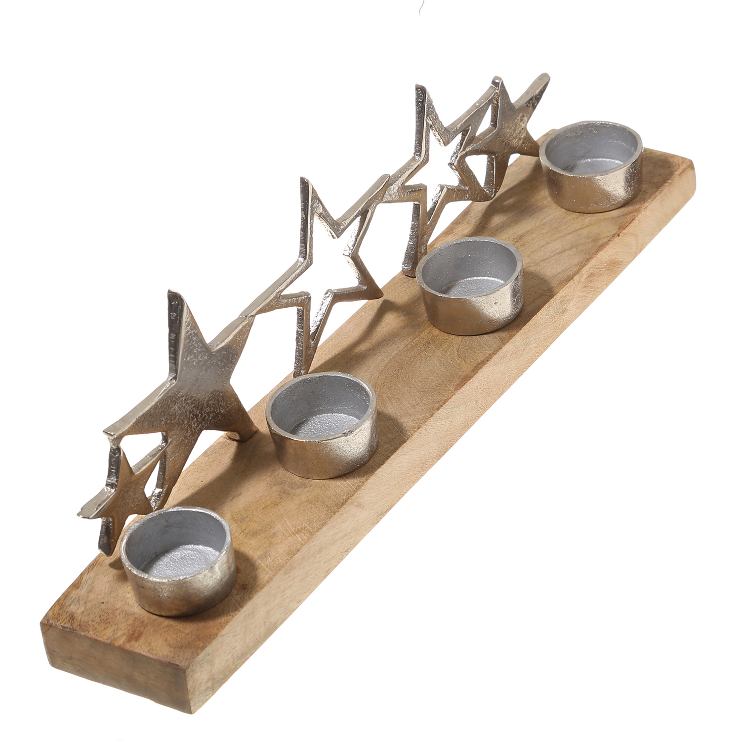 Teelichthalter mit silbernen Sternen auf Holzplatte - für 4 Teelichter Teelichthalter mit silbernen Sternen auf Holzplatte - für 4 Teelichter