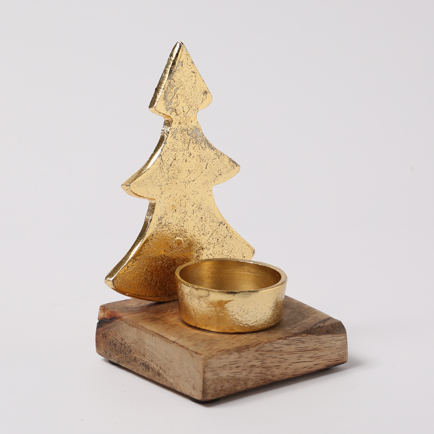 Teelichthalter TANNENBAUM - Aluminium - Mangoholzsockel - H: 13,2cm - natur, gold