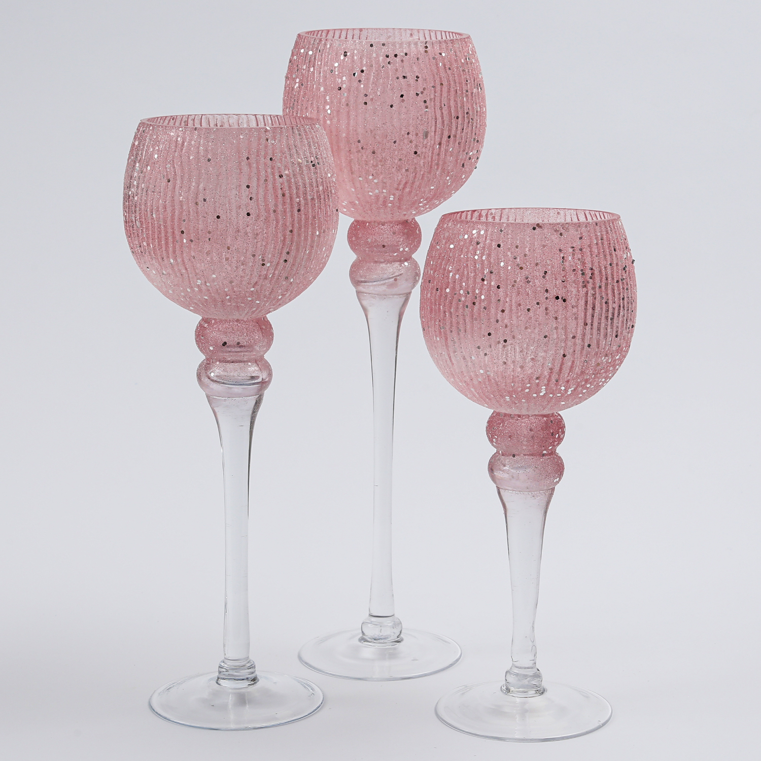 Kerzenhalter Kelch FLORENZ - Glas - H: 30cm, 34,5cm, 40cm - rosa, silber - 3er Set Kerzenhalter Kelch FLORENZ - Glas - H: 30cm, 34,5cm, 40cm - rosa, silber - 3er Set