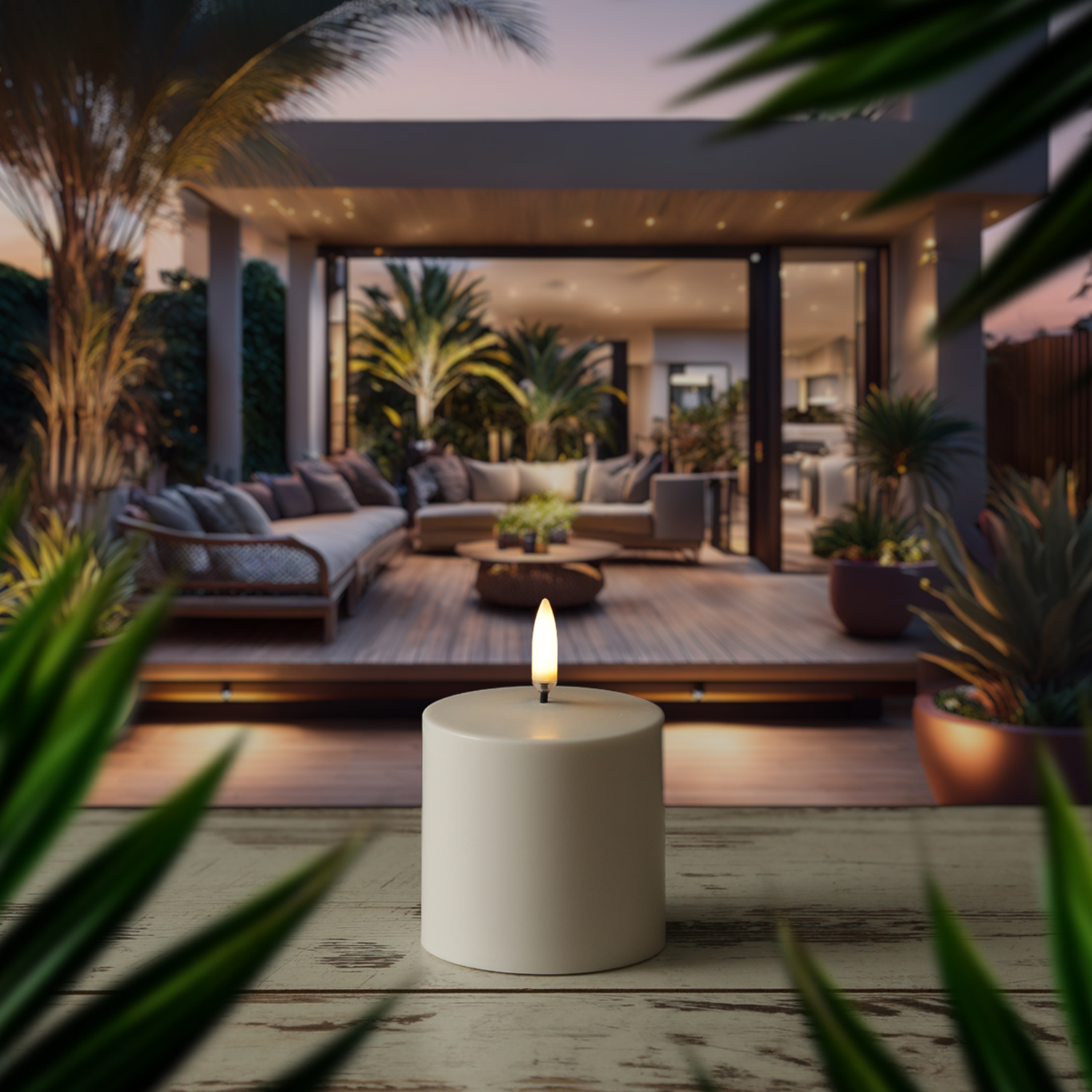 LED Kerze - wiederaufladbare LED Stumpenkerze mit Ladestation - 6,8cm x 6,8cm - Timer - Innen/Außen