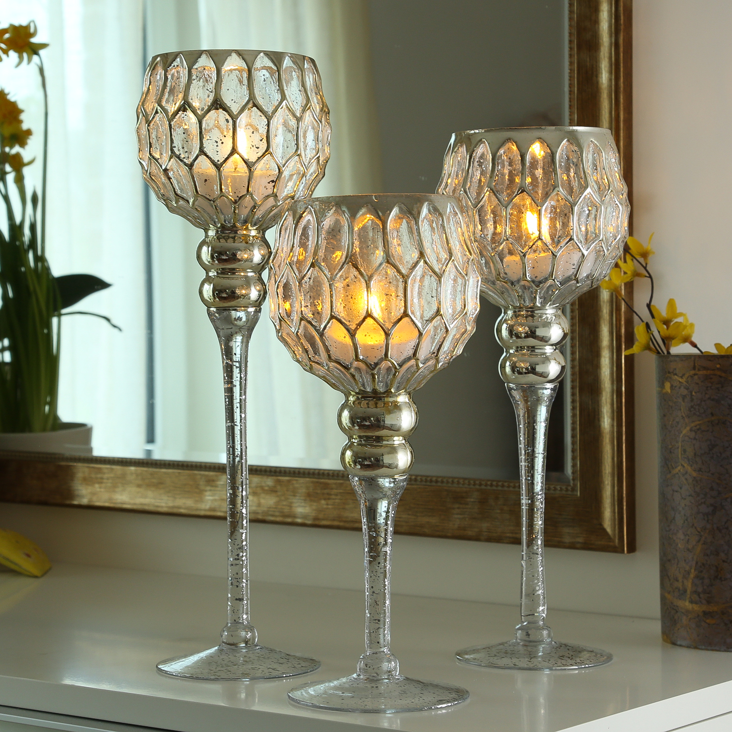 Kerzenhalter Kelch CORDOBA - Glas - H: 30,5cm, 34,5cm, 40cm - gold - 3er Set