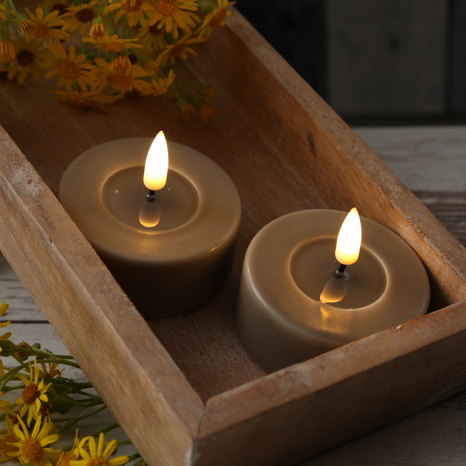 LED Teelichter MIA - Kunststoff - realistische 3D Flamme - D: 6,1cm - sand/taupe - 2 Stk. LED Teelichter MIA - Kunststoff - realistische 3D Flamme - D: 6,1cm - sand/taupe - 2 Stk.