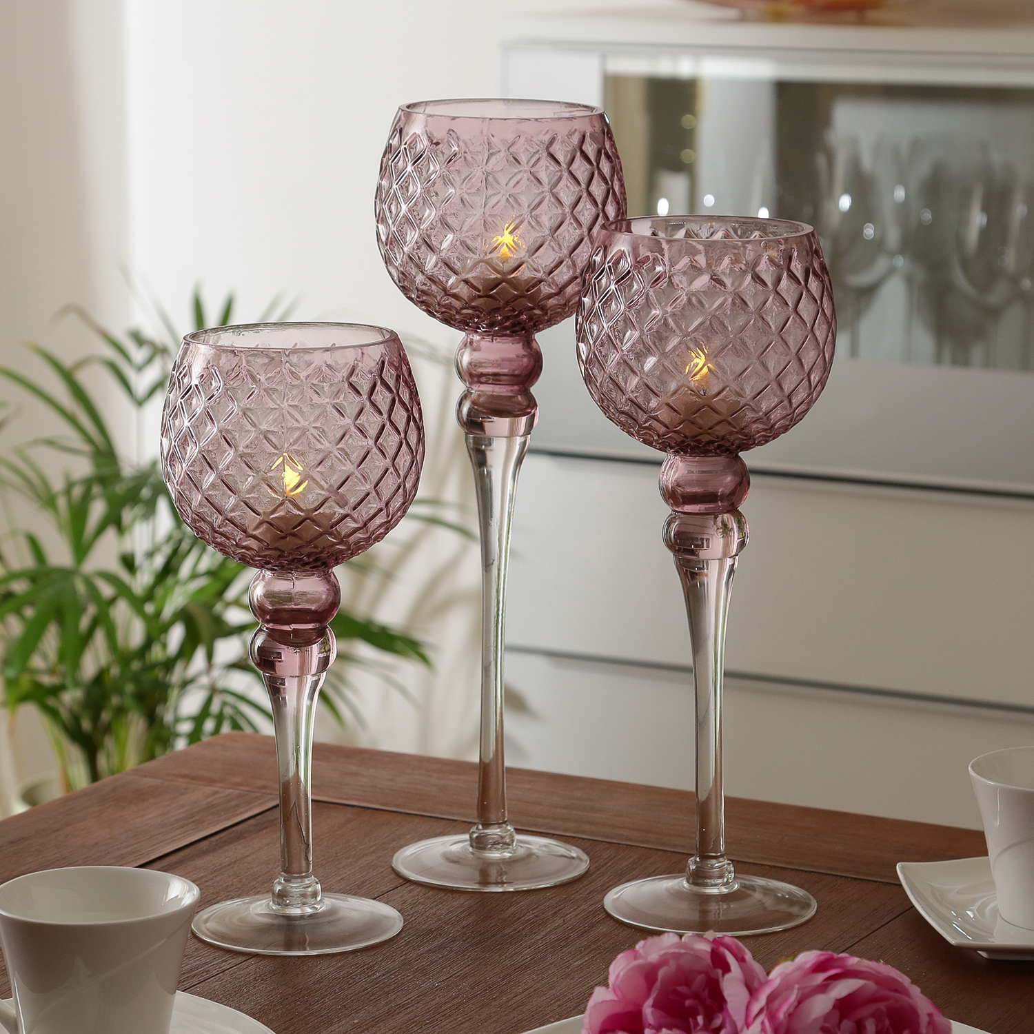 Kerzenhalter Kelch - Windlicht - Glas - H: 30,5cm/34,5cm/40cm - rosa - 3er Set Kerzenhalter Kelch - Windlicht - Glas - H: 30,5cm/34,5cm/40cm - rosa - 3er Set