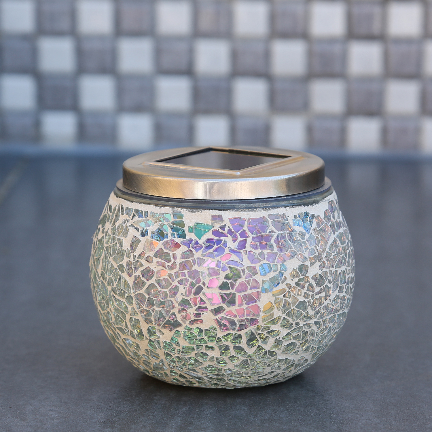 LED Solar Windlicht - Mosaik Glas - Lichtsensor - H: 10cm - outdoor - transparent mit Schimmereffekt