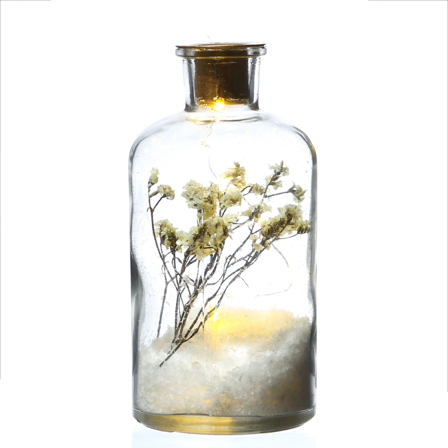 LED Dekoglas Trockenblumen im Schnee - Stabkerzenhalter - 10 warmweiße LED - H: 16cm - Timer LED Dekoglas Trockenblumen im Schnee - Stabkerzenhalter - 10 warmweiße LED - H: 16cm - Timer