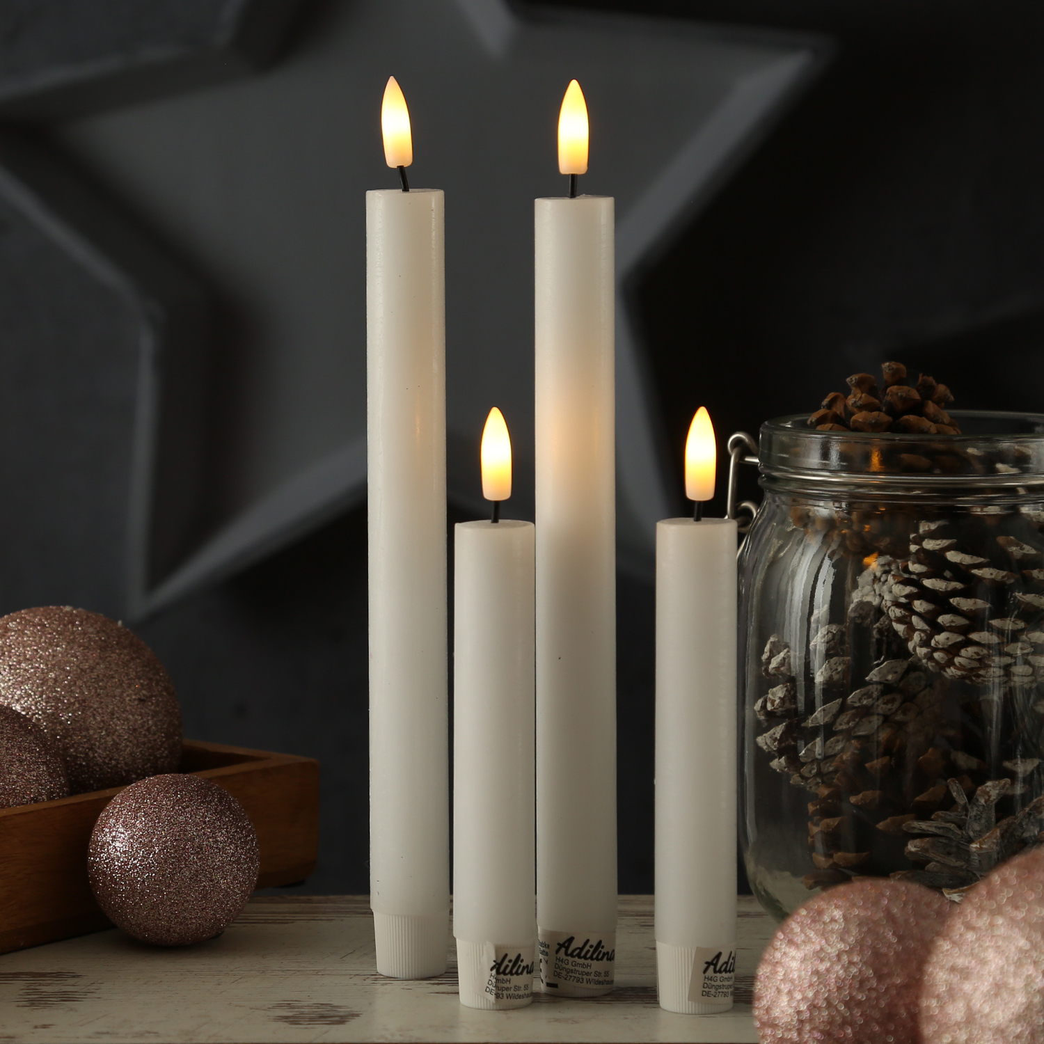 LED Stabkerzen LINA - Rustik-Optik - Echtwachs - 3D Flamme - H: 16cm - Timer - weiß - 2er Set