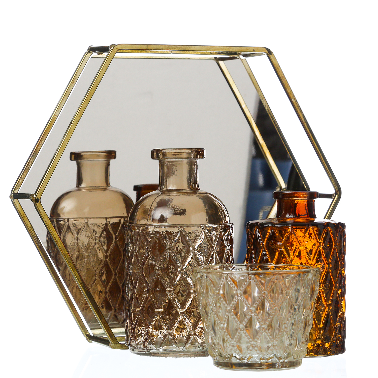 Deko Tablett mit 2 Mini Blumenvasen und Teelichthalter - mit Goldrand - Glas - gold/braun Deko Tablett mit 2 Mini Blumenvasen und Teelichthalter - mit Goldrand - Glas - gold/braun