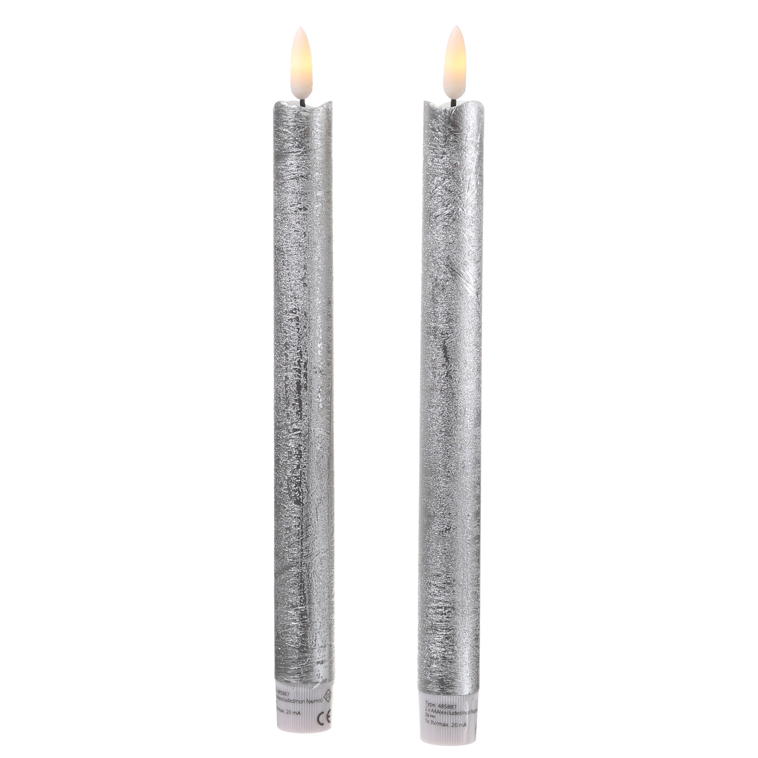 LED Stabkerzen Flamme - Echtwachs - flackernde warmweiße LED - H: 25cm - Timer - silber - 2er Set