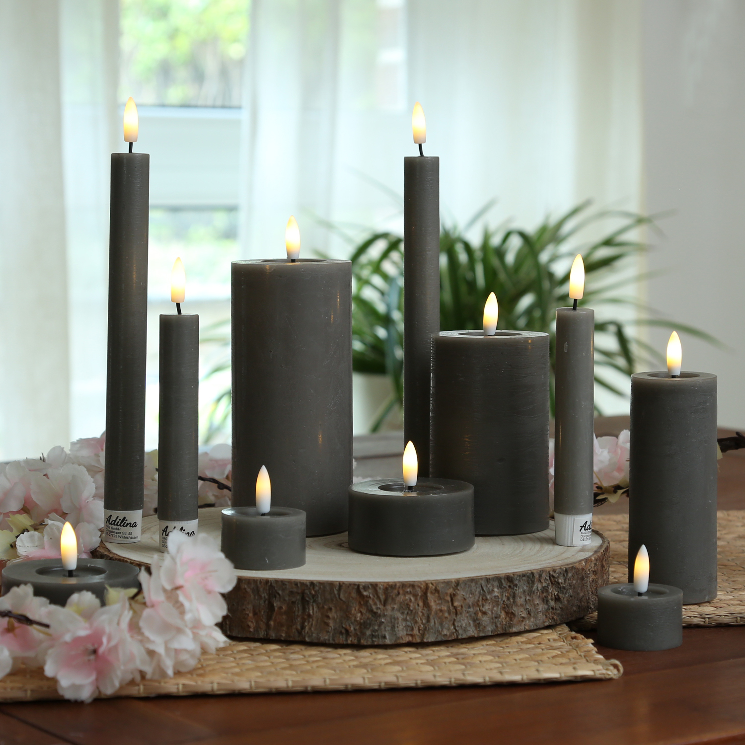 LED Maxi Teelichter LINA - Rustik-Optik - Echtwachs - Timer - D: 7cm - H: 6cm - grau - 2 Stück
