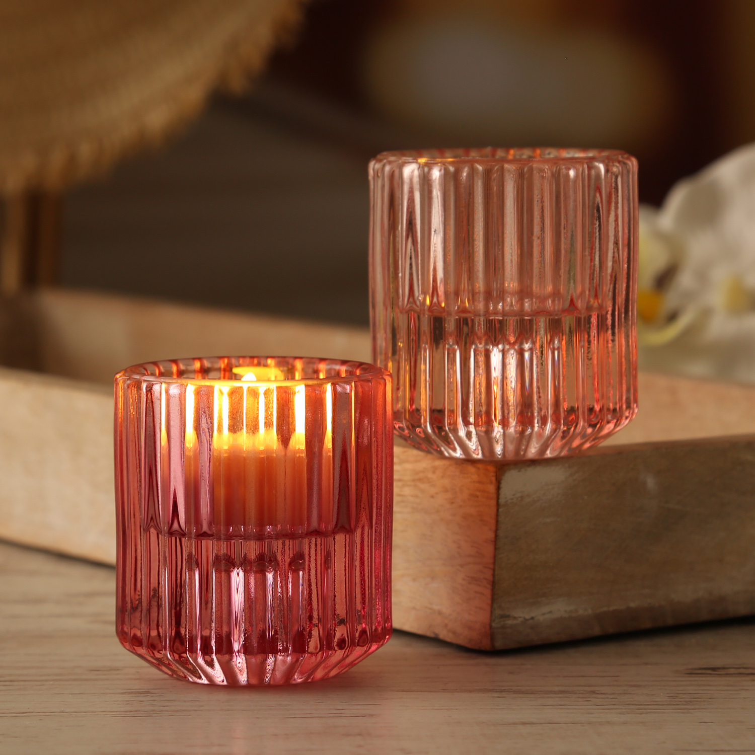 Kerzenhalter - 2in1 - Teelichthalter oder Stabkerzenhalter - Glas - H: 5,9cm - pink, rosa - 2er Set