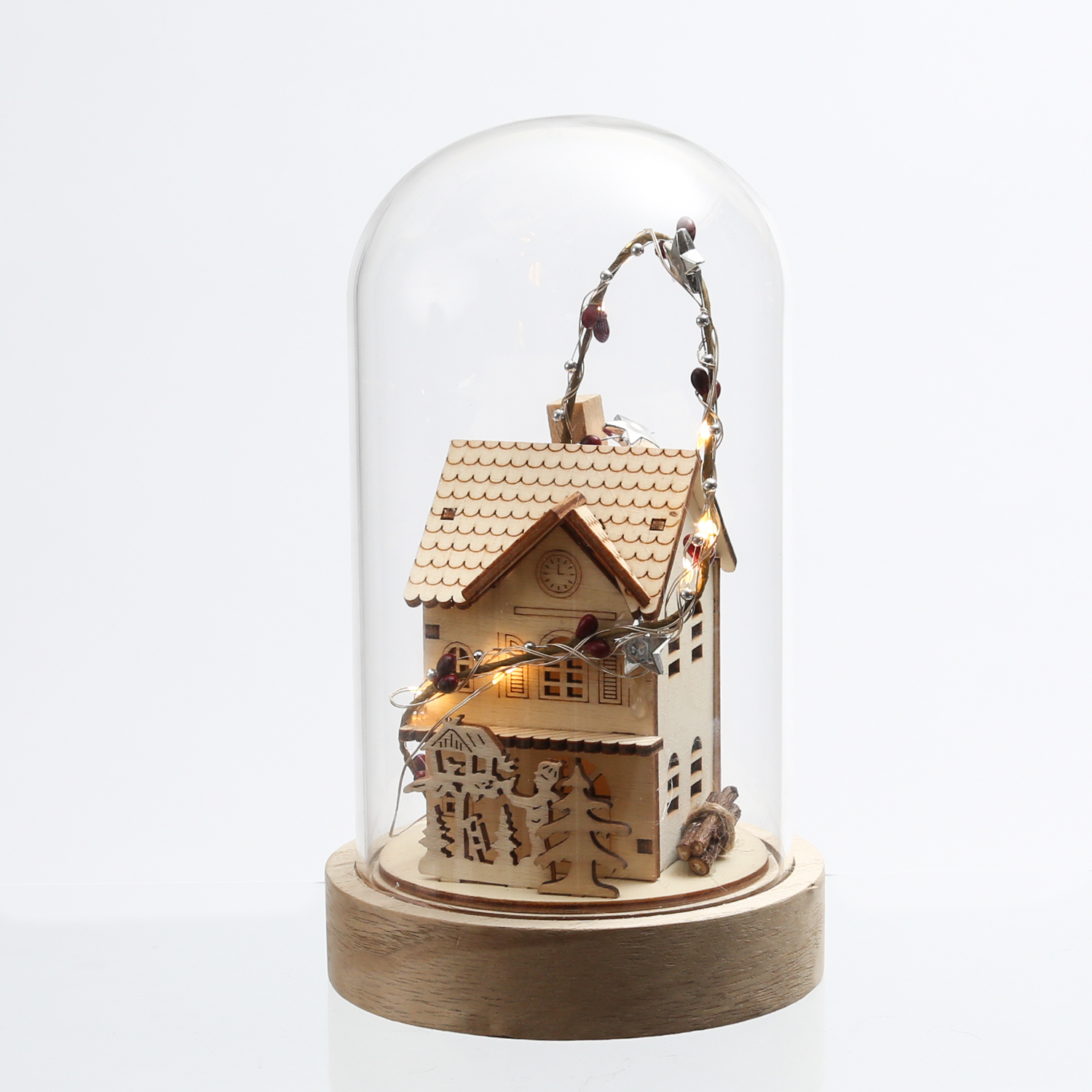 LED Deko Glaskuppel Holzhaus - 10 warmweiße LED - H: 20cm - Batterie - Innen - hellbraun