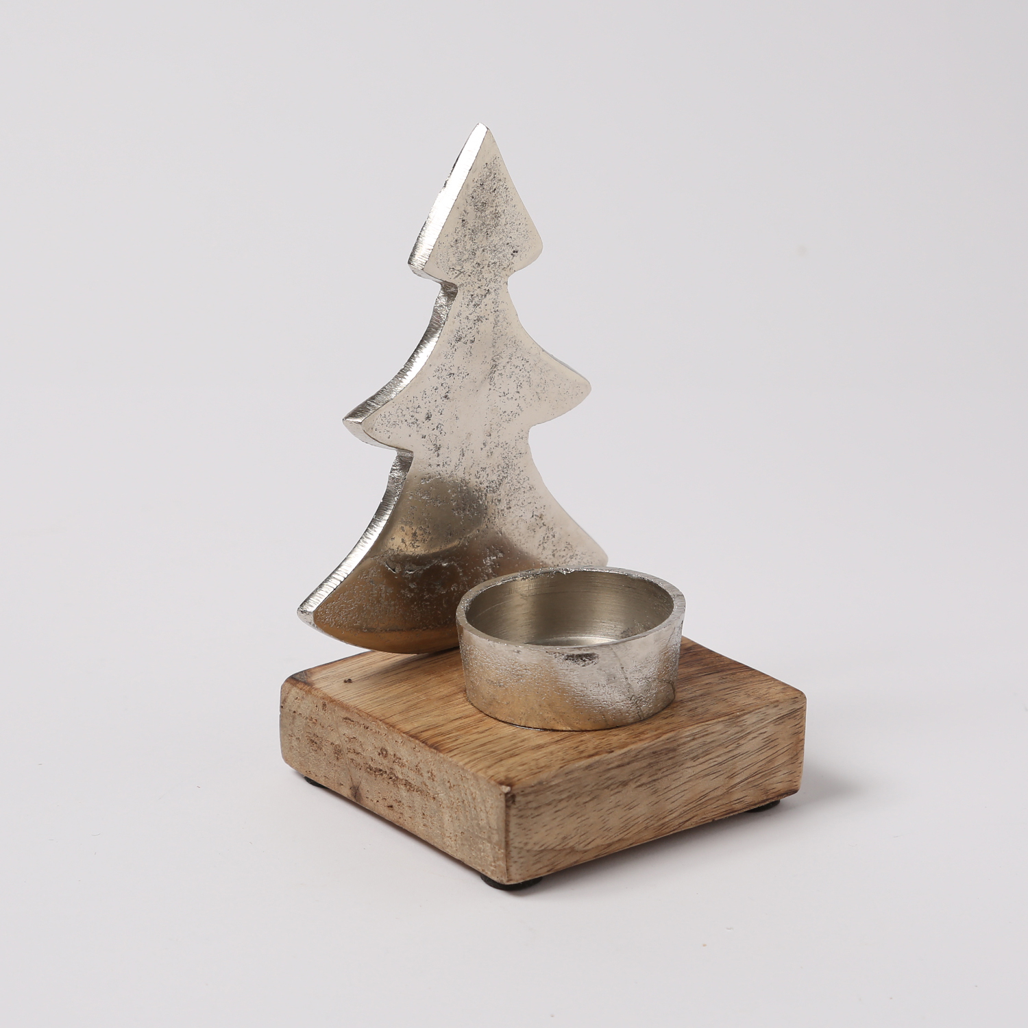 Teelichthalter TANNENBAUM - Aluminium - Mangoholzsockel - H: 13,2cm - natur, silber