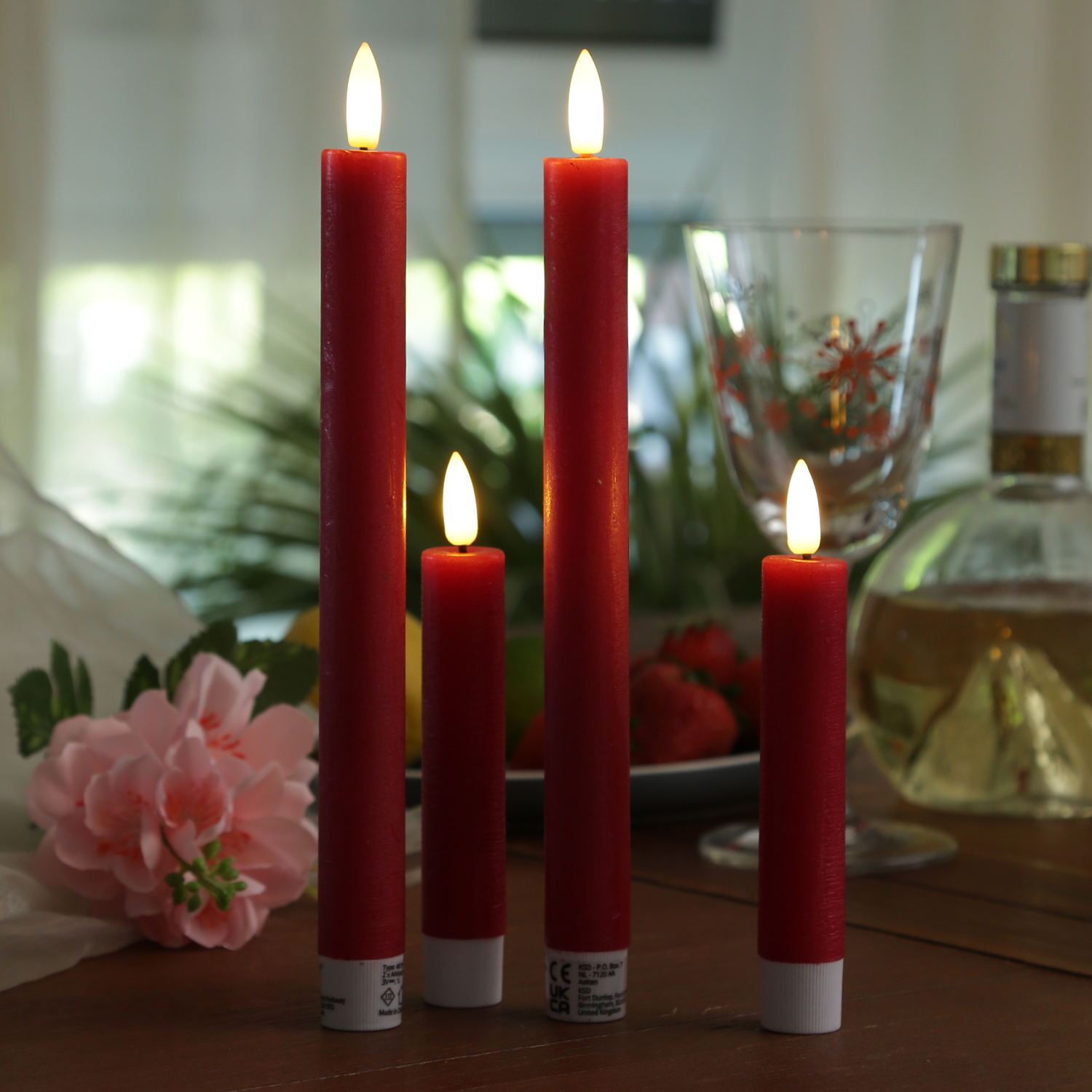 LED Stabkerzen LINA - Rustik-Optik - Echtwachs - 3D Flamme - H: 24cm - Timer - rot - 2er Set