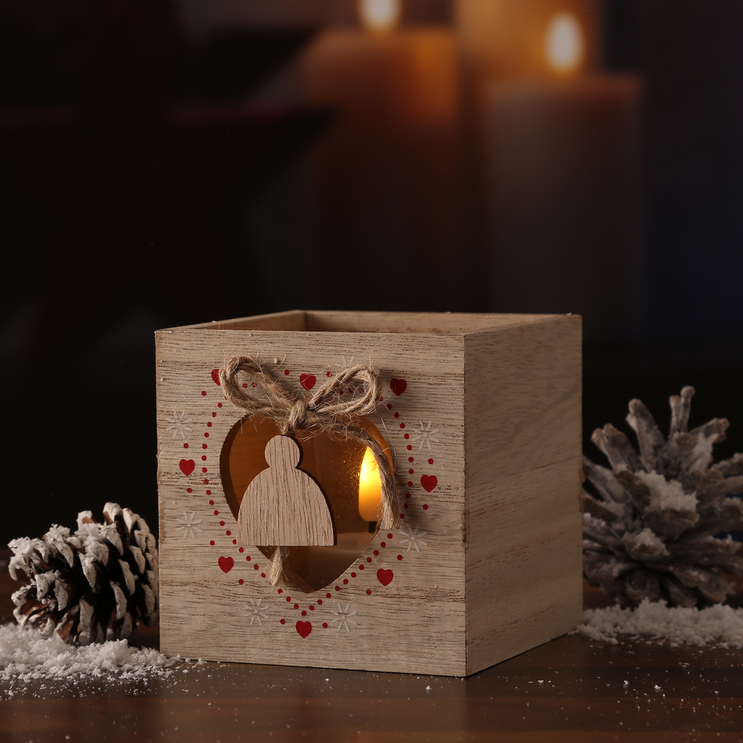 Teelichthalter MÜTZE IM HERZ - Windlicht - Holz - mit Glaseinsatz - H: 9cm - natur, rot Teelichthalter MÜTZE IM HERZ - Windlicht - Holz - mit Glaseinsatz - H: 9cm - natur, rot