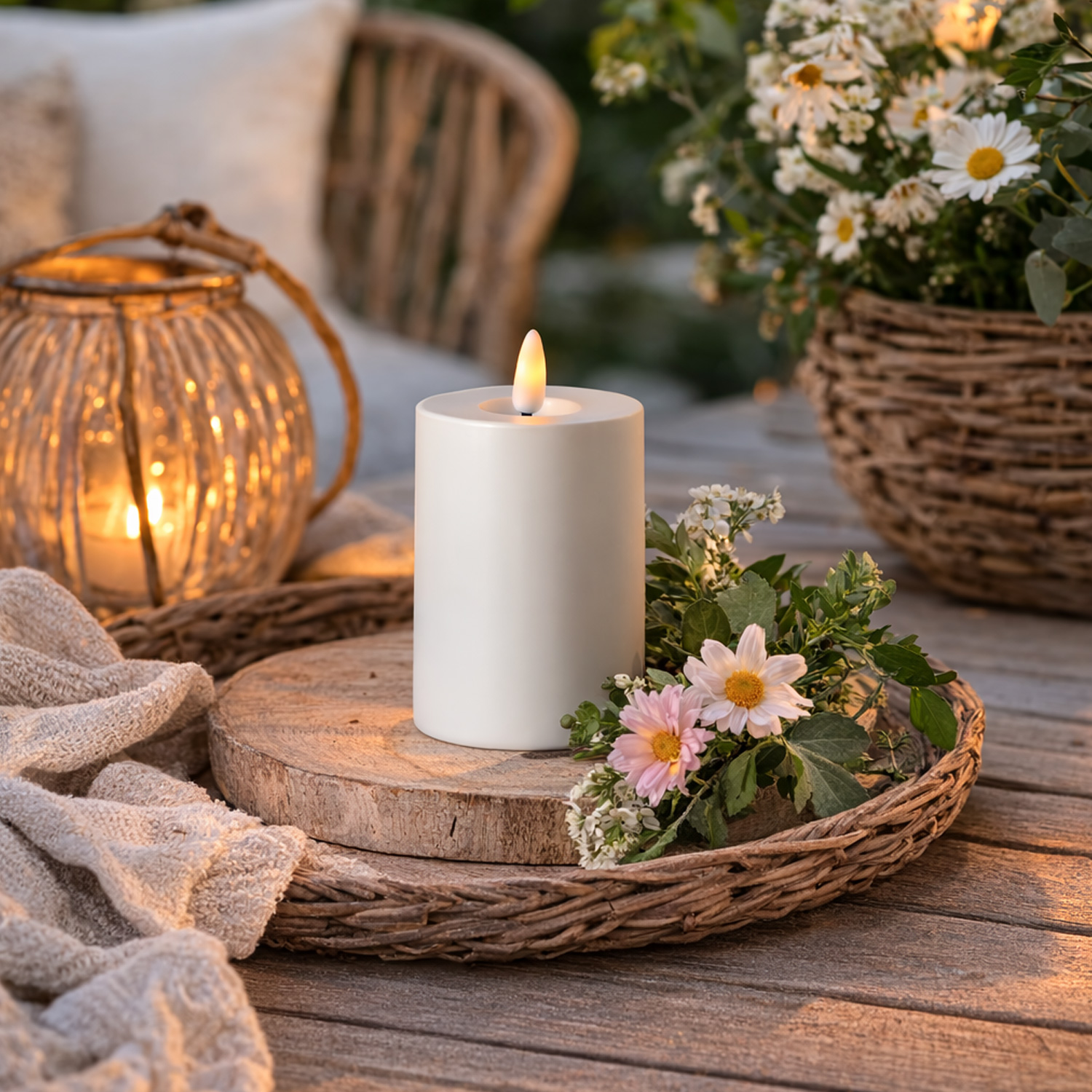 LED Kerze outdoor - Kunststoff - 3D Flamme - H: 12,5cm - D: 7,5cm - Timer - für Innen/Außen - weiß