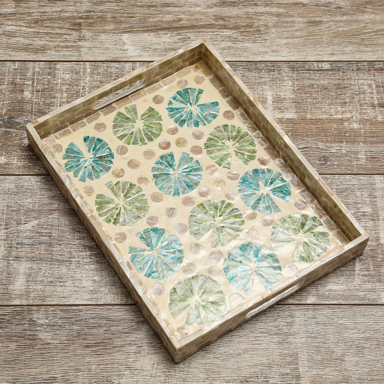 Tablett - Dekotablett - mediterranes Muster - Keramik - L: 38cm - B: 29cm - natur, grün, blau, weiß Tablett - Dekotablett - mediterranes Muster - Keramik - L: 38cm - B: 29cm - natur, grün, blau, weiß