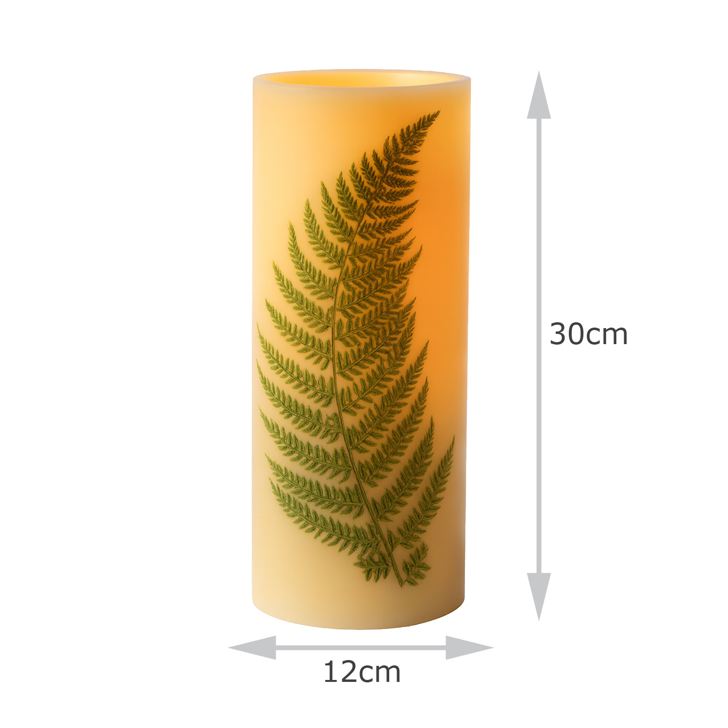XXL LED Kerze mit Farndruck - Echtwachs - flackernde LED - H: 30cm - D: 12cm - weiß/grün XXL LED Kerze mit Farndruck - Echtwachs - flackernde LED - H: 30cm - D: 12cm - weiß/grün
