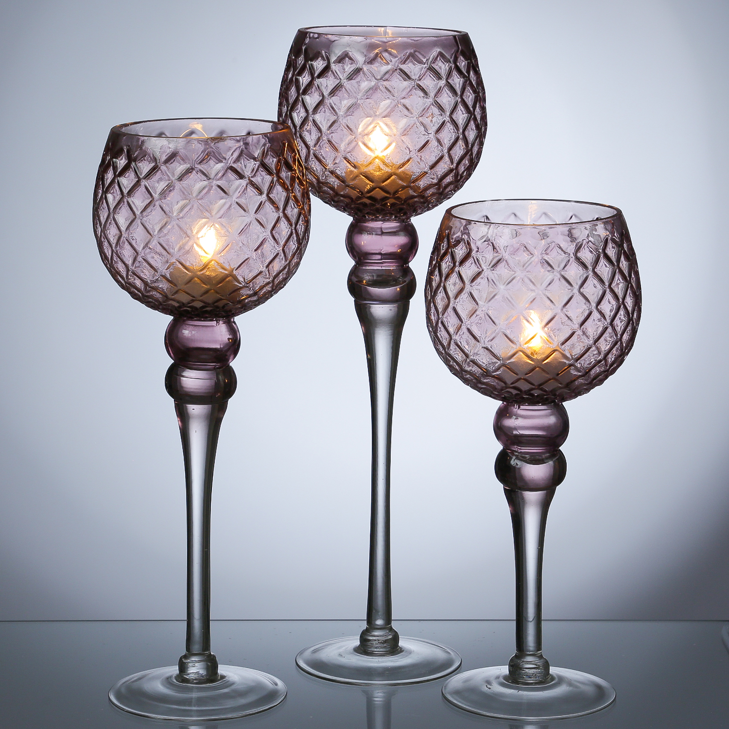 Kerzenhalter Kelch - Windlicht - Glas - H: 30,5cm/34,5cm/40cm - rosa - 3er Set