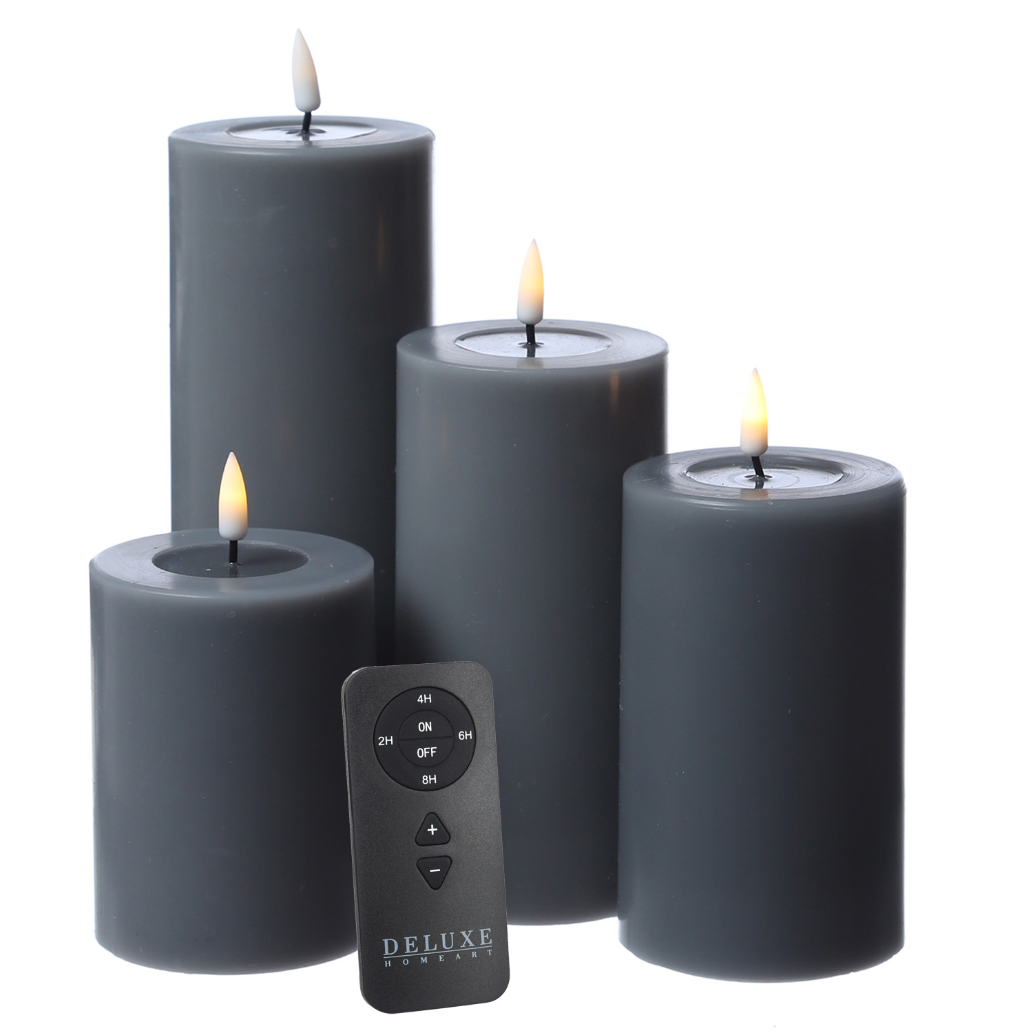 LED Kerzenset MIA - Echtwachs - 4 Größen - inkl. Batterien und Fernbedienung - grau - 4er Set LED Kerzenset MIA - Echtwachs - 4 Größen - inkl. Batterien und Fernbedienung - grau - 4er Set