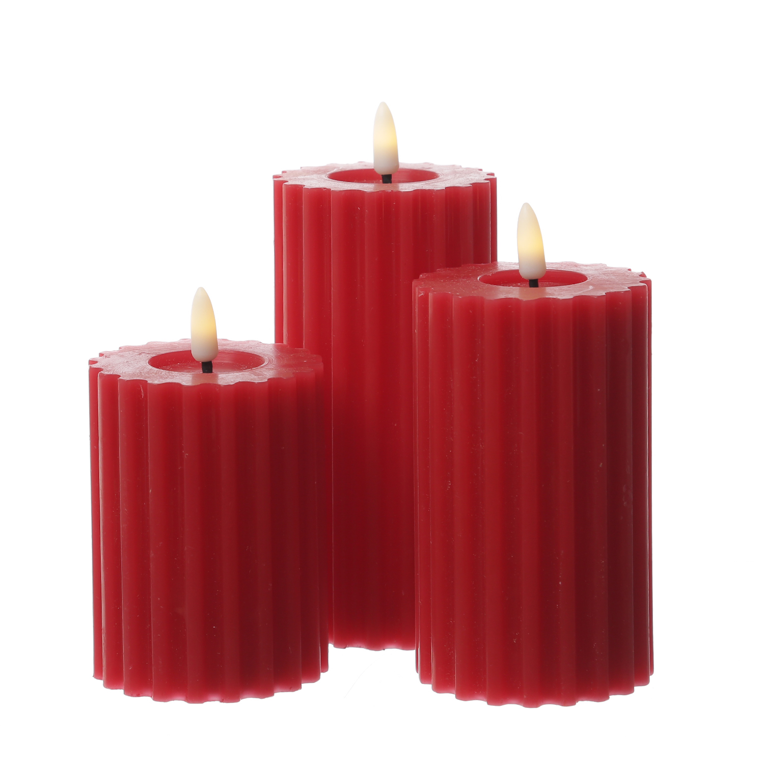 LED Kerze LIV - gerillt - Echtwachs - warmweiße 3D Flamme - H: 14,5cm - D: 7,5cm - Timer - rot