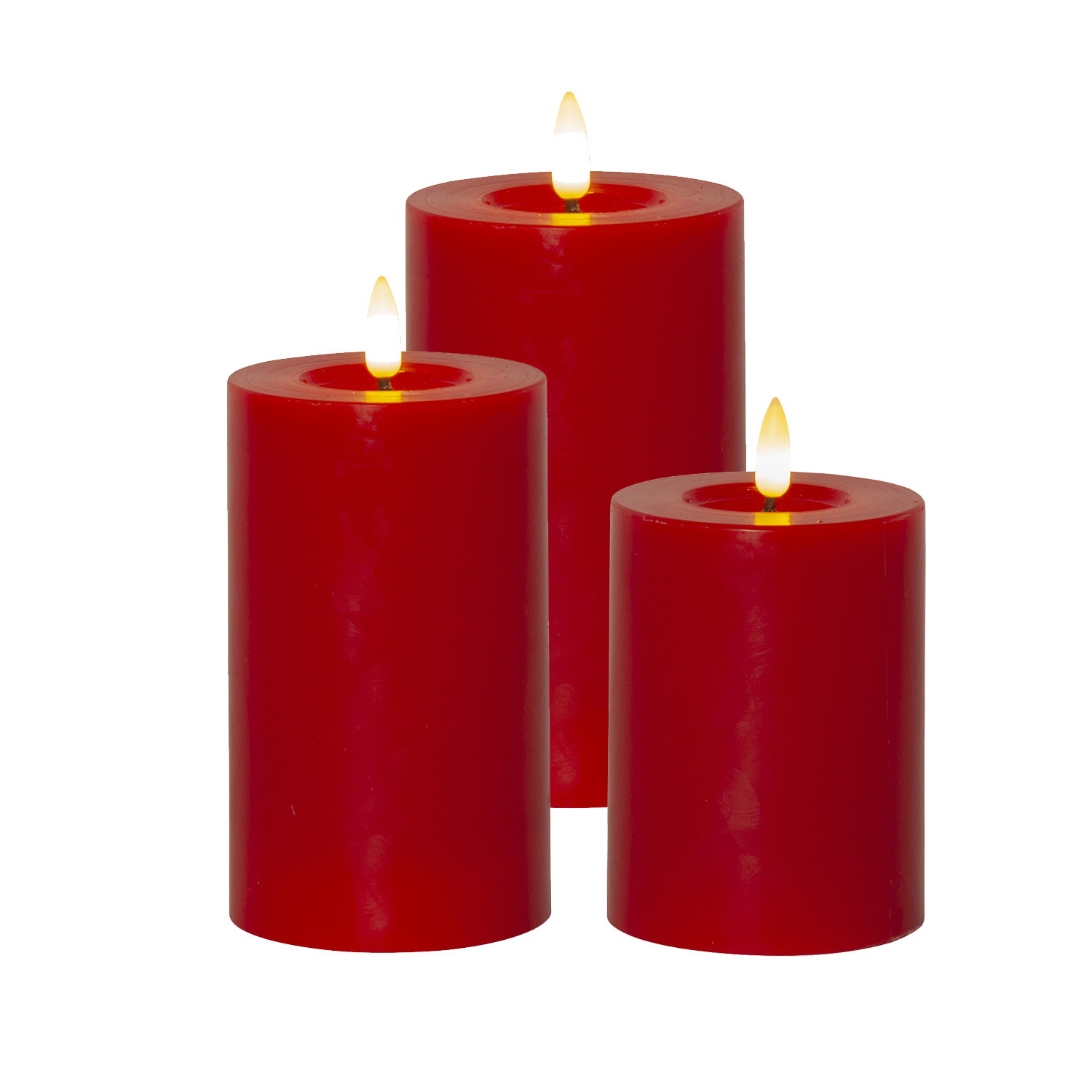 LED Kerzenset LINA - Echtwachs - realistische 3D Flamme - 3 Größen - Timer - rot - 3er Set