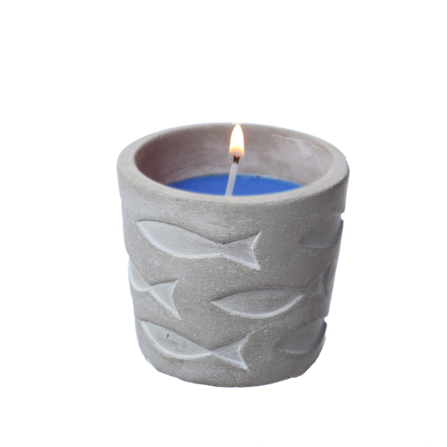 Duftkerze CITRONELLA - Echtwachs in Betontopf - Fischmuster - H: 7cm - gegen Stechmücken - blau