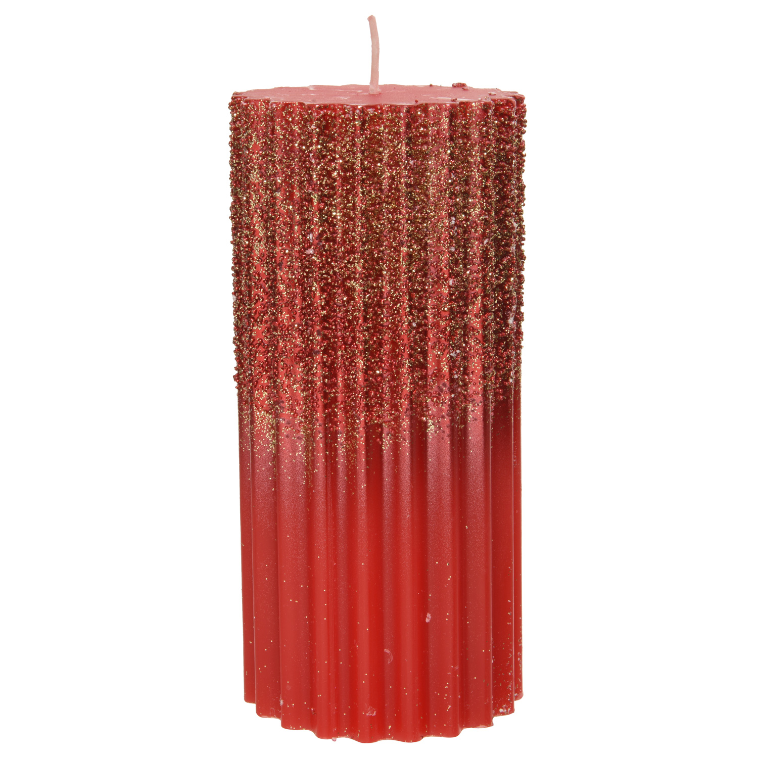 Stumpenkerze - Goldglitzer - geriffelt - H: 15cm - D: 7cm - rot Stumpenkerze - Goldglitzer - geriffelt - H: 15cm - D: 7cm - rot
