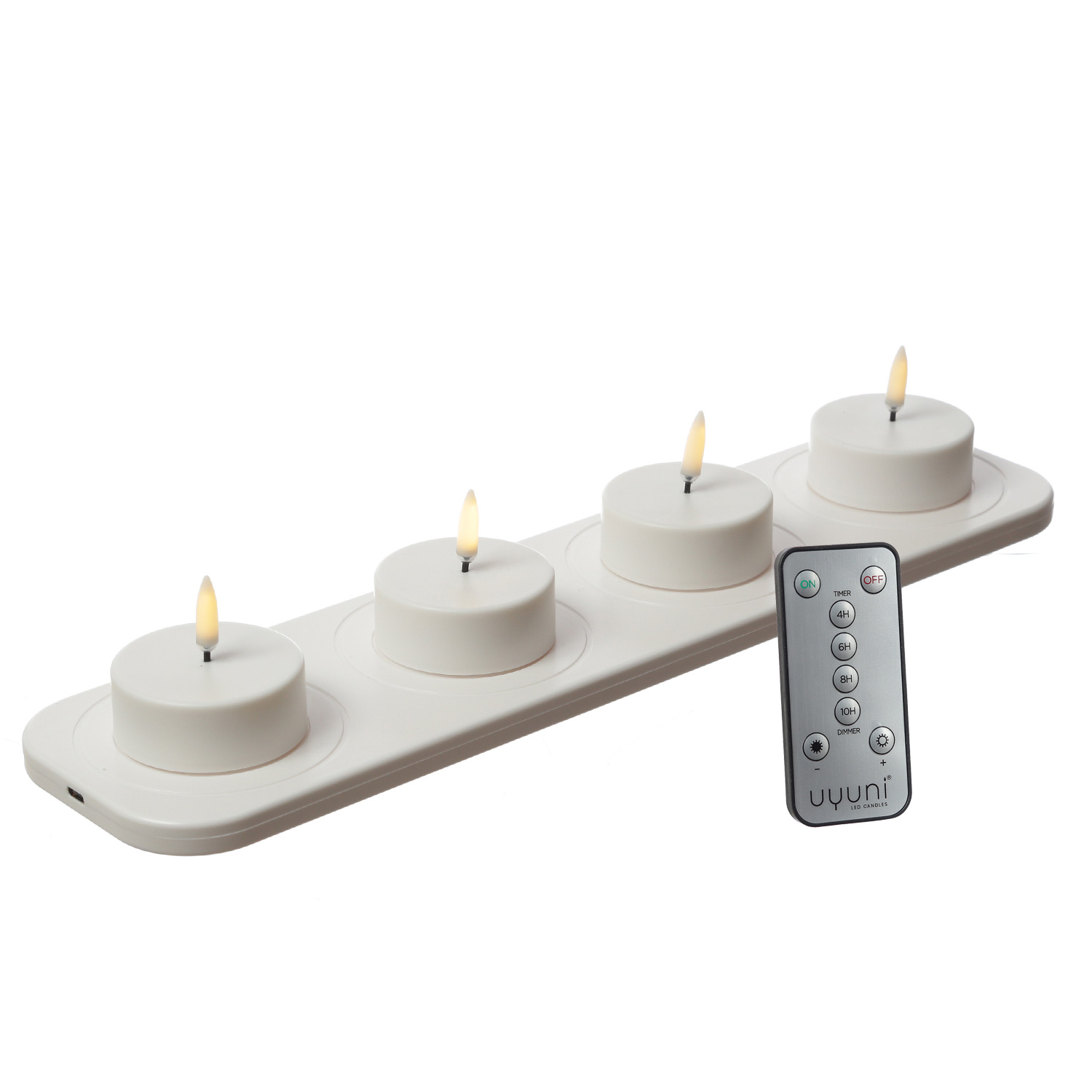 LED Maxi Teelichter - 4 wiederaufladbare LED Teelichter mit Ladestation/Fernb. - Timer - für Außen