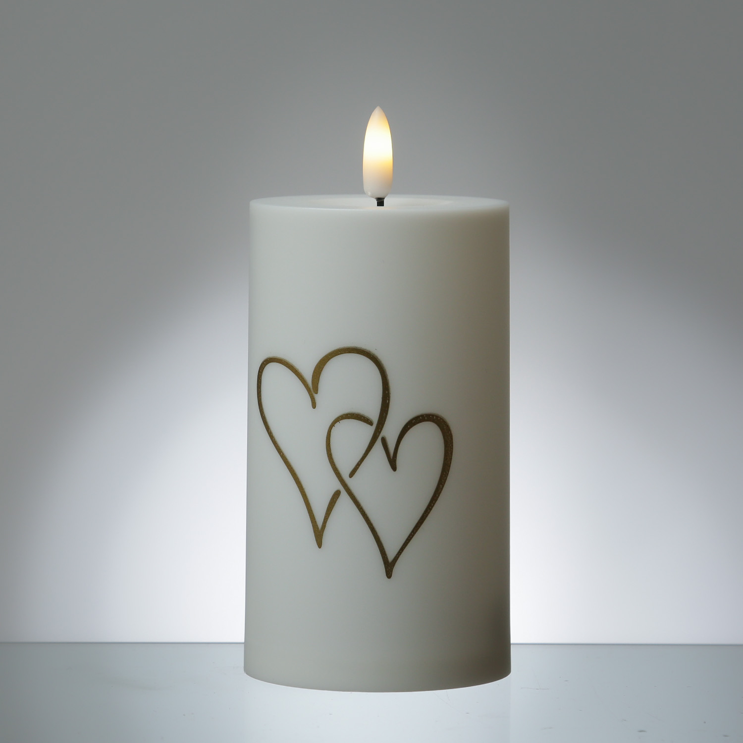 LED Kerzen goldene Herzen - Kunststoff - H: 15cm - D: 7cm - Timer/Sensor - Innen/Außen - 2er Set