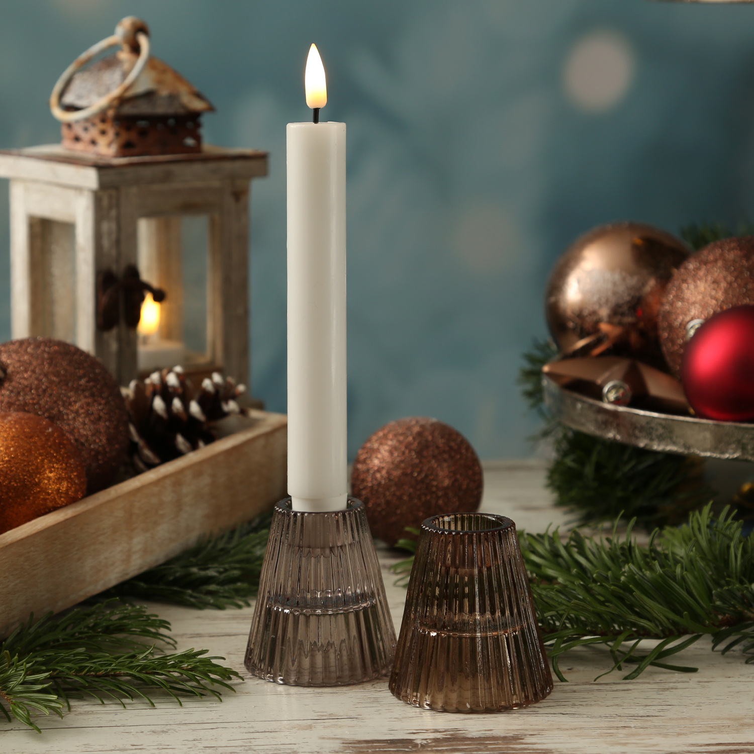 Kerzenhalter - 2in1 - Teelichthalter oder Stabkerzenhalter - Glas - H: 6,5cm - braun, grau - 2er Set Kerzenhalter - 2in1 - Teelichthalter oder Stabkerzenhalter - Glas - H: 6,5cm - braun, grau - 2er Set