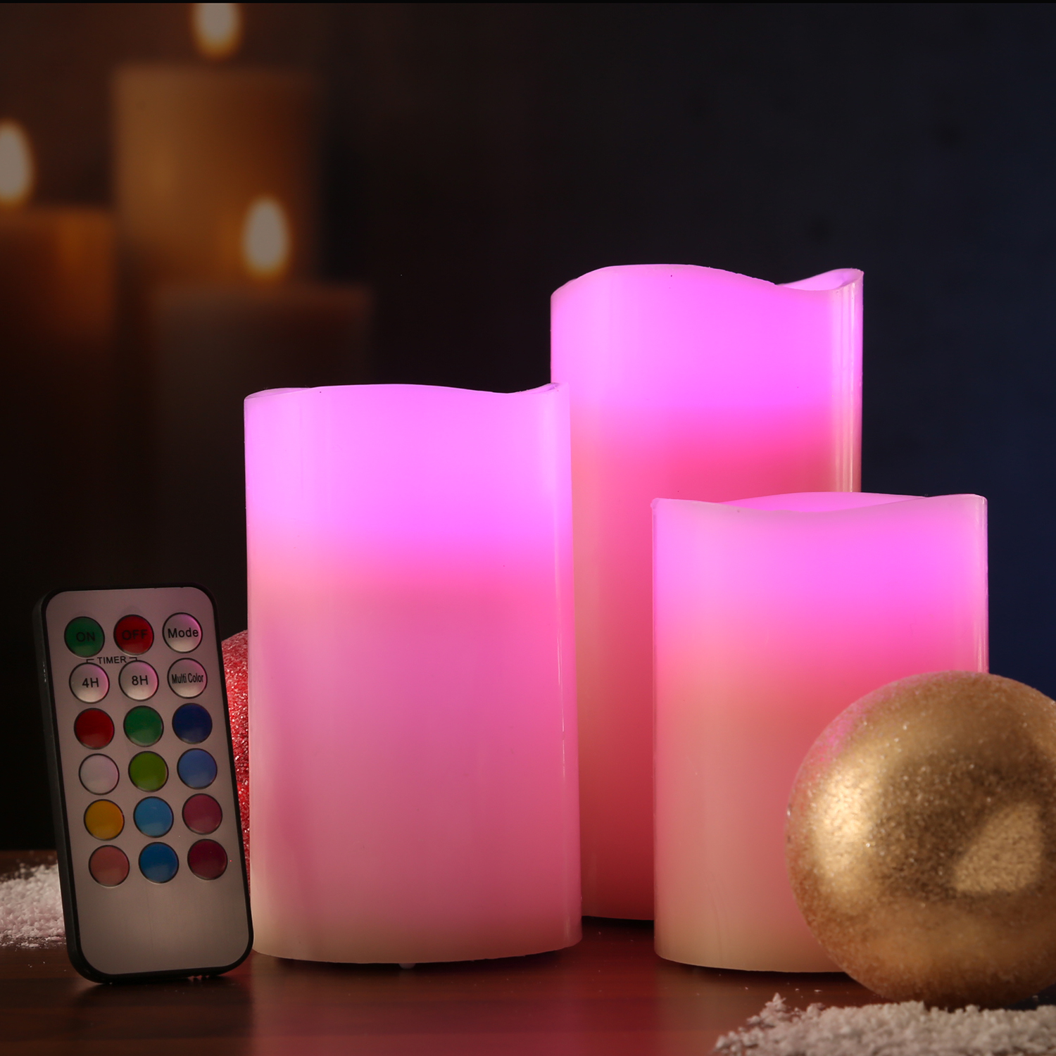 LED Kerze MULTI - Echtwachs - bunte LED - D: 7,5cm - inkl. Fernbedienung - Timer - creme - 3er Set LED Kerze MULTI - Echtwachs - bunte LED - D: 7,5cm - inkl. Fernbedienung - Timer - creme - 3er Set